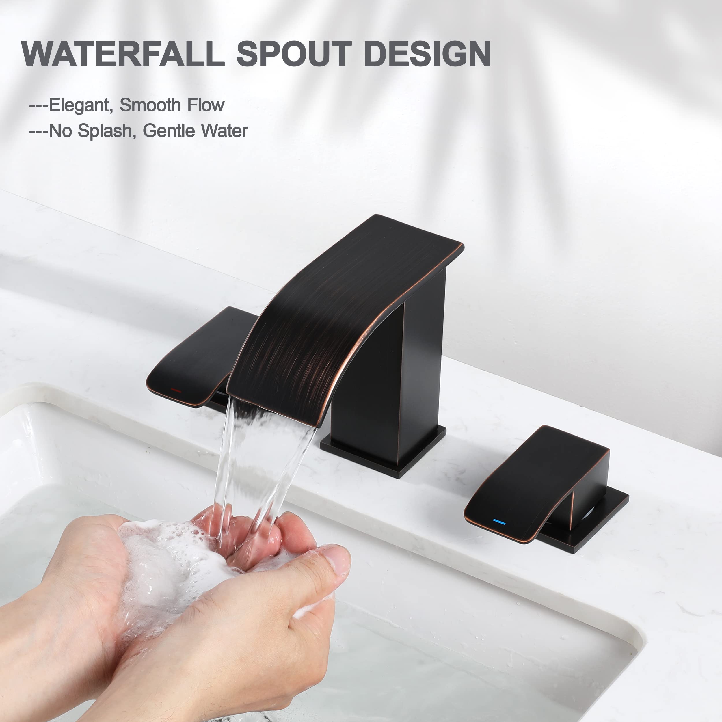 Oil-Rubbed Bronze Waterfall Bathroom Faucet - 8 Inch Widespread 3-Hole Bathroom Sink Faucet with 2 Handles, Modern Vanity Faucet with cUPC Supply Lines - Perfect for Contemporary Bathrooms, Guest Suites, and Luxury Home Renovations