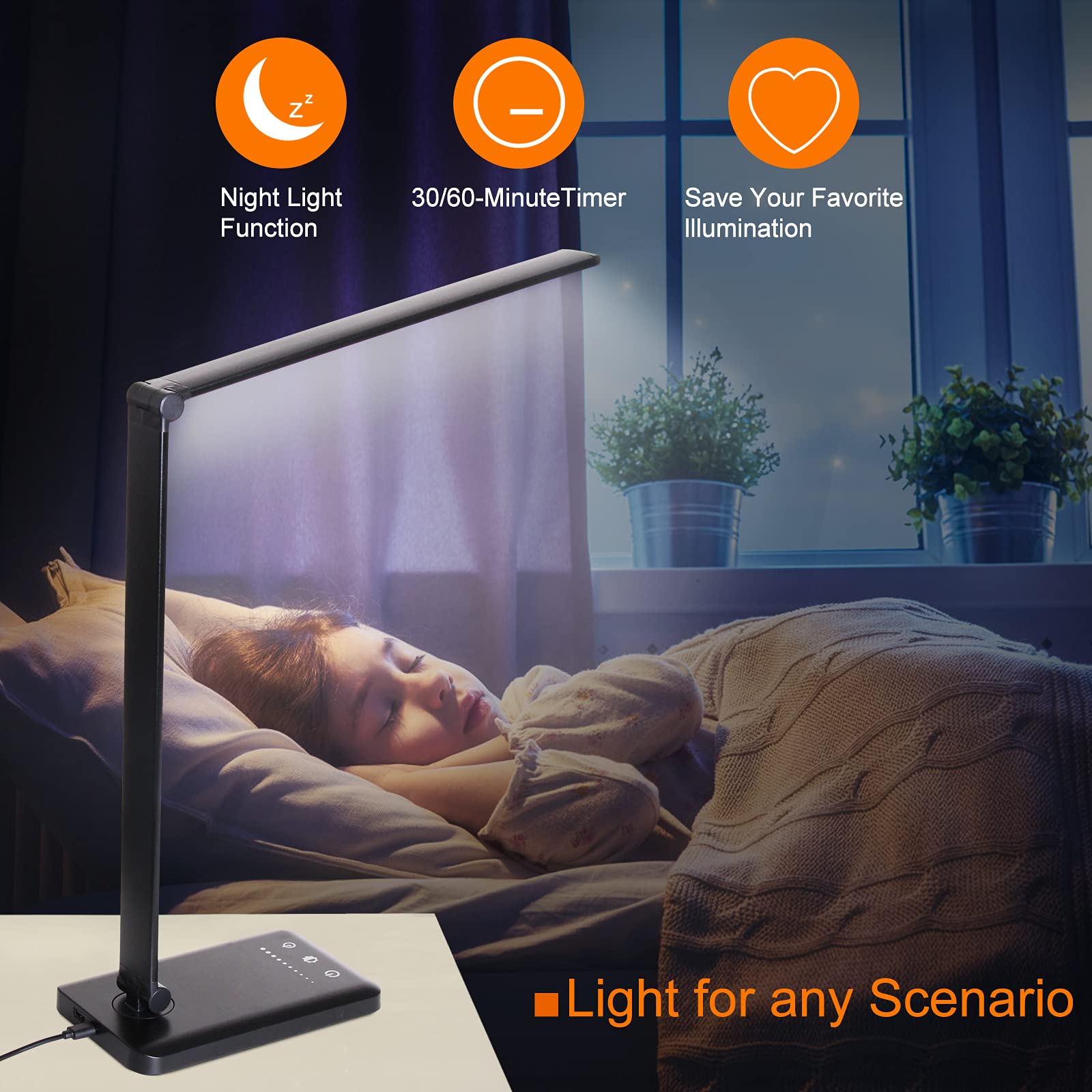 LED Desk Lamp with USB Charging - Eye-Caring Stepless Dimmable Office Table Lamp, 4000mAh Battery, Foldable Design, Touch Control, 30/60min Timer, 5 Lighting Modes & 5 Brightness Levels - Perfect for Home Office, Study, Reading & Nightstand Use