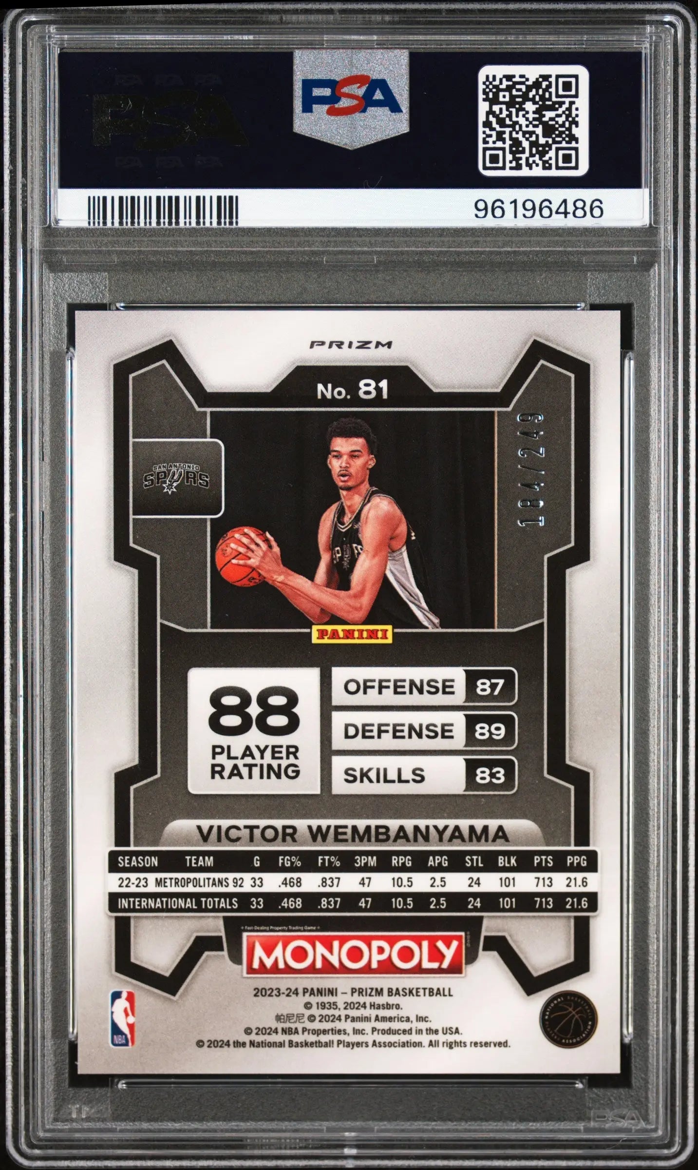 2023 Panini Prizm Monopoly Victor Wembanyama Rookie Card Brown Prizm PSA 9 /249 - Rare Basketball Collectible for Fans & Investors