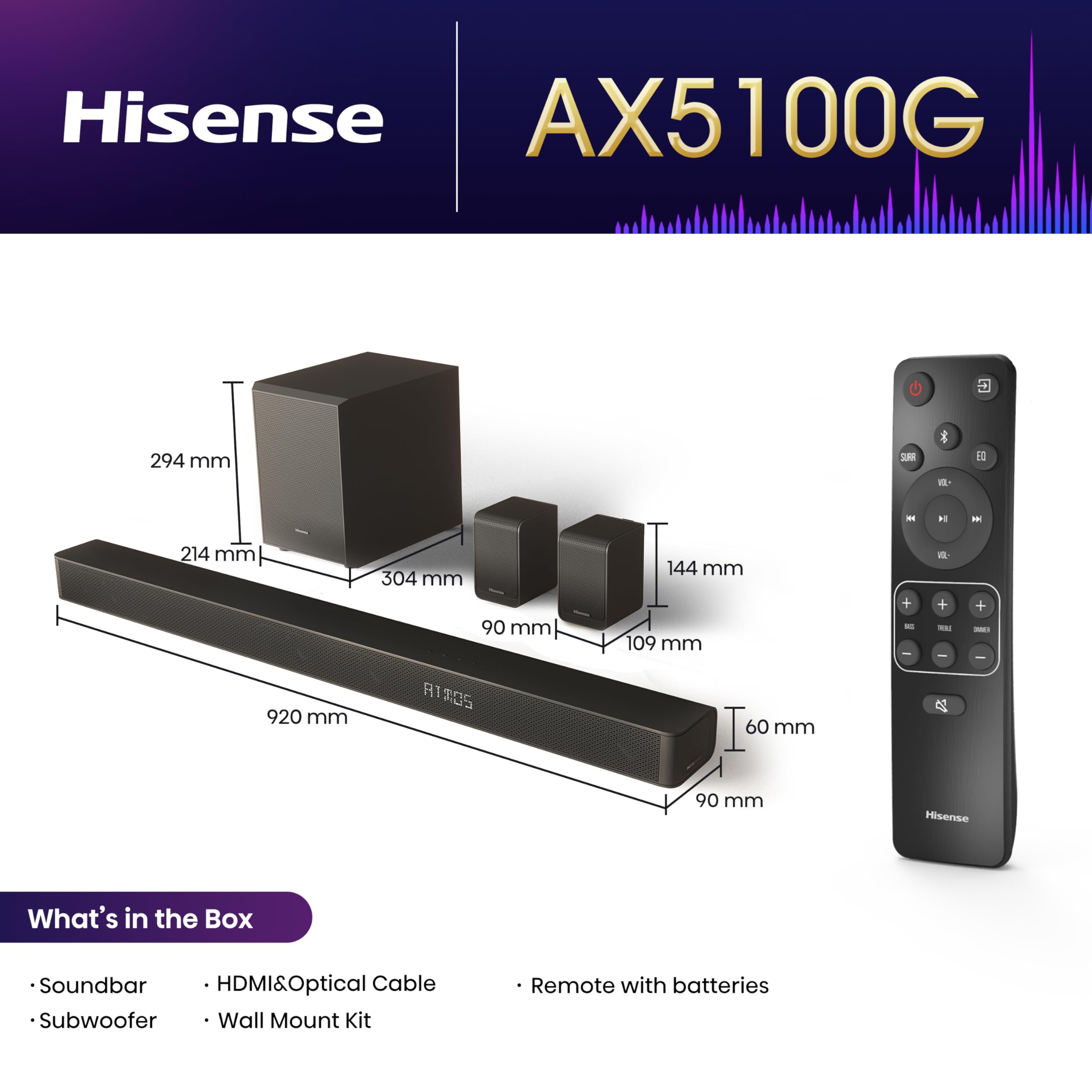 Hisense AX5100G 5.1 Channel 340W Dolby Atmos Soundbar with Wireless Subwoofer & Rear Speakers - Premium Home Theater Audio System for Movies, Gaming & Music (Black)