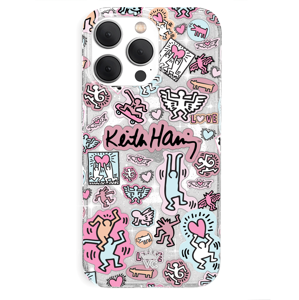 Keith Haring Pastel Glitter iPhone Case - Trendy Protective Cover for iPhone 11/12/13/14/15 Pro Max - Cute Artistic Design for Everyday Use & Gift Giving