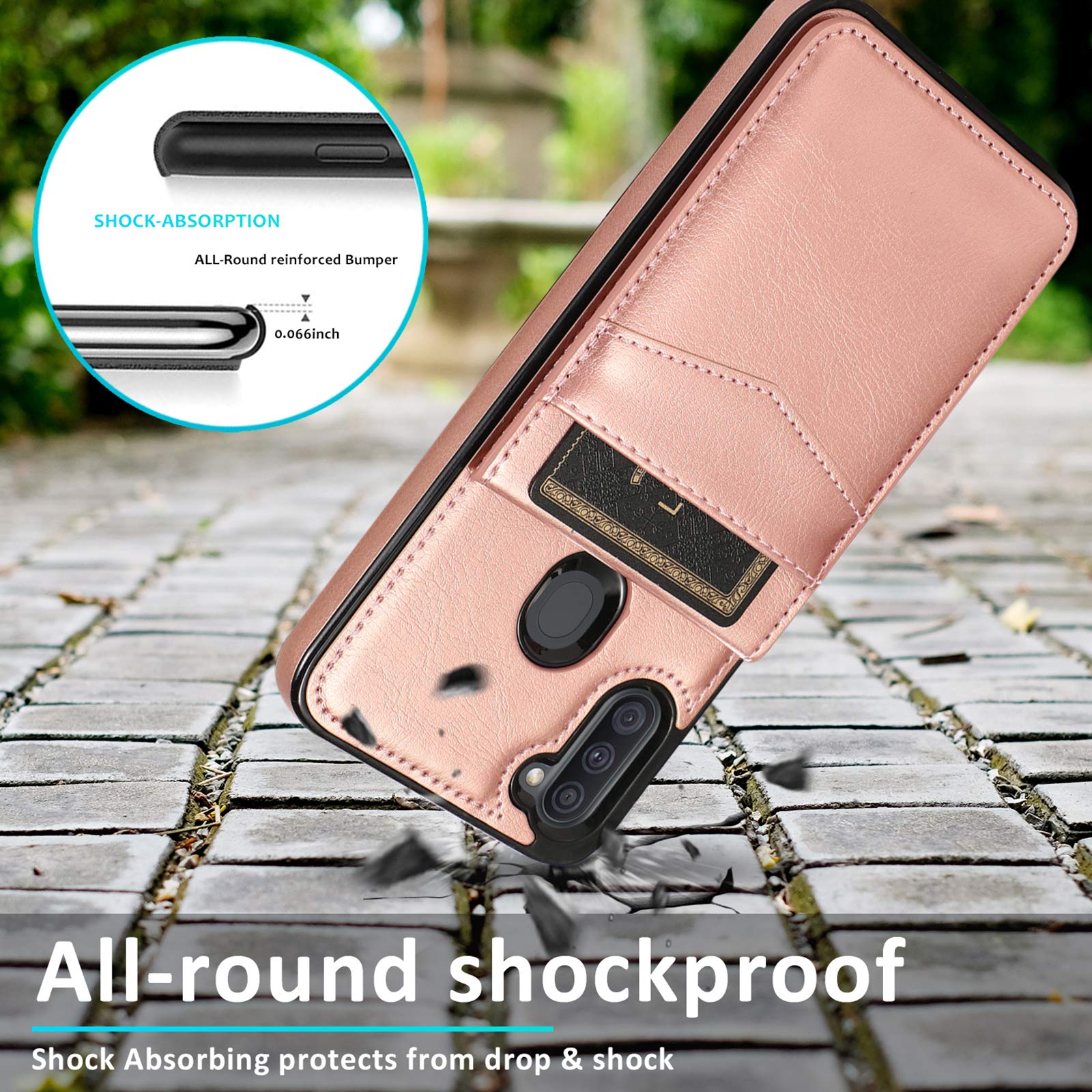 Premium Leather Wallet Phone Case for Samsung Galaxy A11 with Built-in Card Holder & Stand | Tempered Glass Screen Protector Included | Women's Rose Gold Design | Perfect for Everyday Use, Travel & Hands-Free Viewing