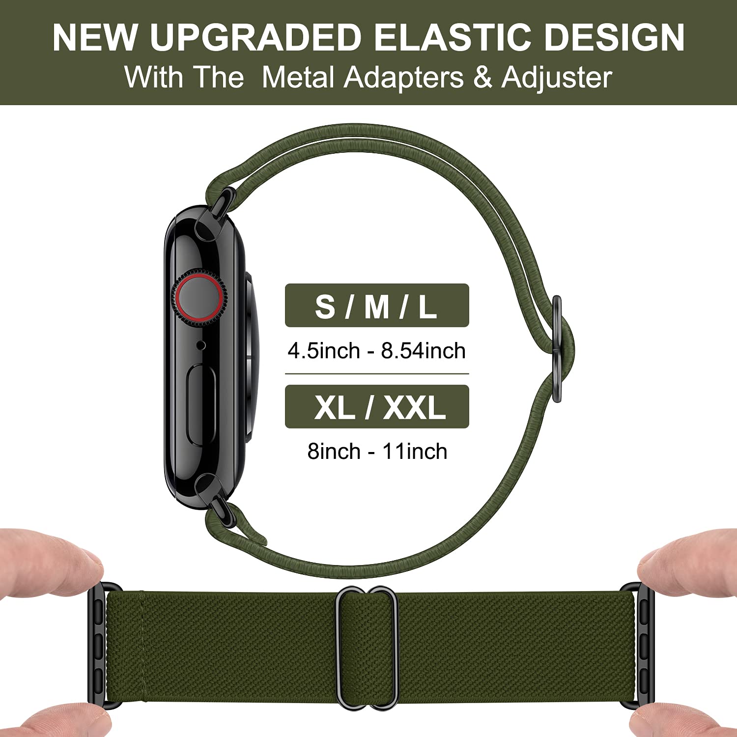OXWALLEN Stretchy Nylon Solo Loop Band for Apple Watch Series 9/8/7/6/5/4/3/SE/Ultra 2/1 (49mm/45mm/44mm/42mm) - Military Green Elastic Braided Strap with Stainless Steel Adapter | Perfect for Workouts, Running & Everyday Wear