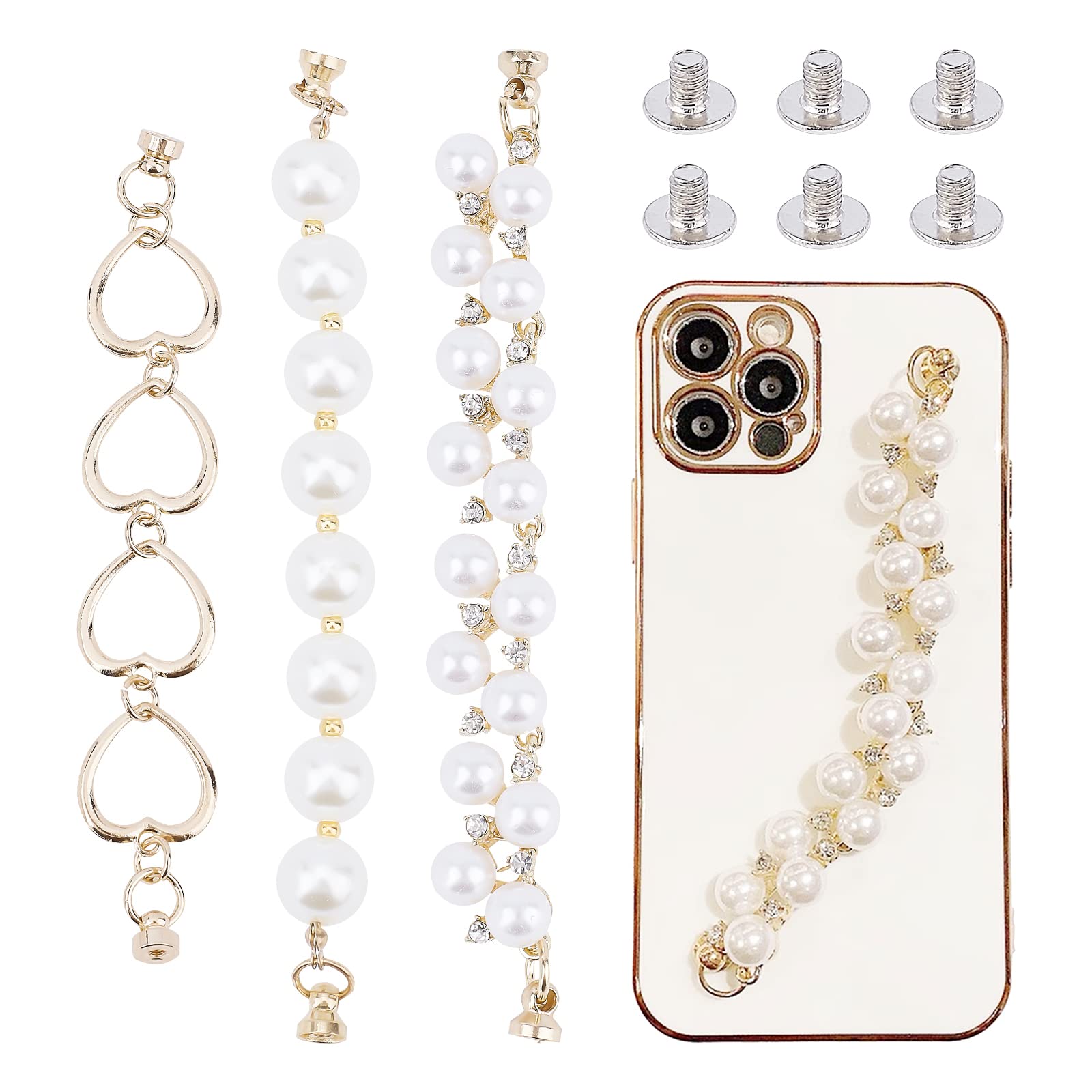 WADORN 3 Styles Beaded Phone Charms - Pearl Phone Chain Lanyard, Cute Wrist Strap & Universal Finger Strap Phone Grip Holder with Screws for Phone Case | Perfect for iPhone, Samsung & Smartphone Accessories | Great Gift for Women & Teens