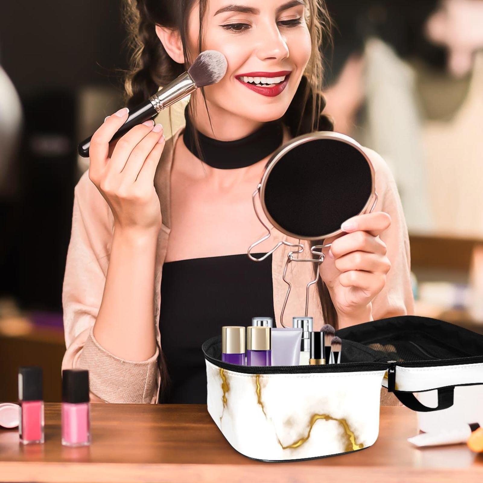 Portable Makeup Organizer Bag for Women & Girls - Travel Cosmetic Case with White Golden Marble Texture | Perfect for Toiletries, Home Storage & On-the-Go Beauty Essentials