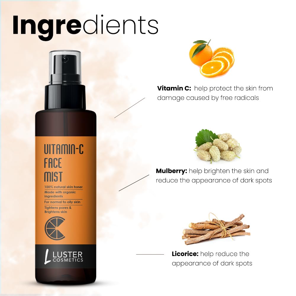 Luster Cosmetics Vitamin C Face Mist Toner for Oily & Dry Skin | Hydrating & Refreshing Facial Spray | Paraben & Sulfate Free Skincare for Women & Men (115ml) | Perfect for Daily Hydration, Post-Workout Refresh & Travel Skincare