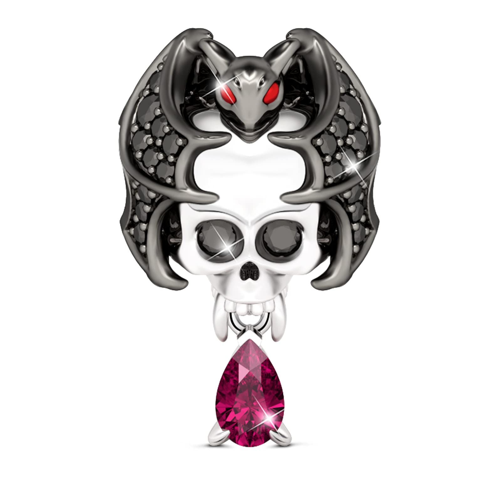GNOCE Skull Charms - Glowing Bat Skull Pendant with Black Cubic Zirconia & 925 Sterling Silver - Handmade Gothic Jewelry for Bracelets & Necklaces - Perfect for Halloween, Gothic Fashion, and Alternative Style Accessories