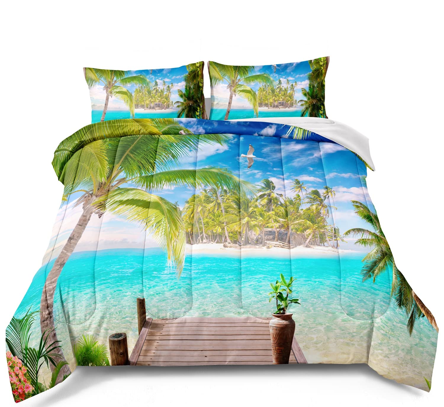 BDUCOK Tropical Ocean Comforter Set - Twin Size Beach Bedding with Palm Tree Design, Hawaii Coastal Theme All-Season Duvet Cover - Includes 1 Comforter & 2 Pillowcases - Perfect for Beach House, Vacation Rental & Coastal Bedroom Decor