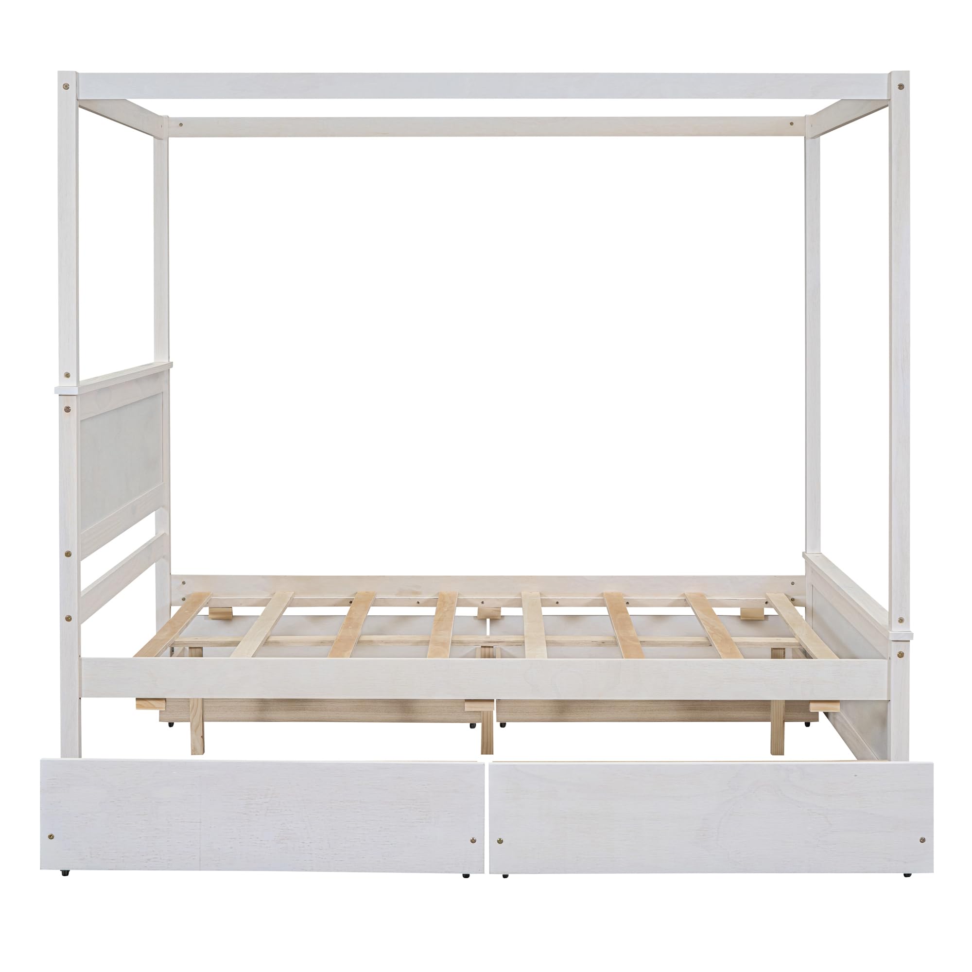 Full Size Canopy Bed with 4 Storage Drawers & Headboard - Wooden Platform Bed Frame, Four Poster Bed in Brushed White - Perfect for Master Bedroom, Guest Room & Small Space Storage Solutions