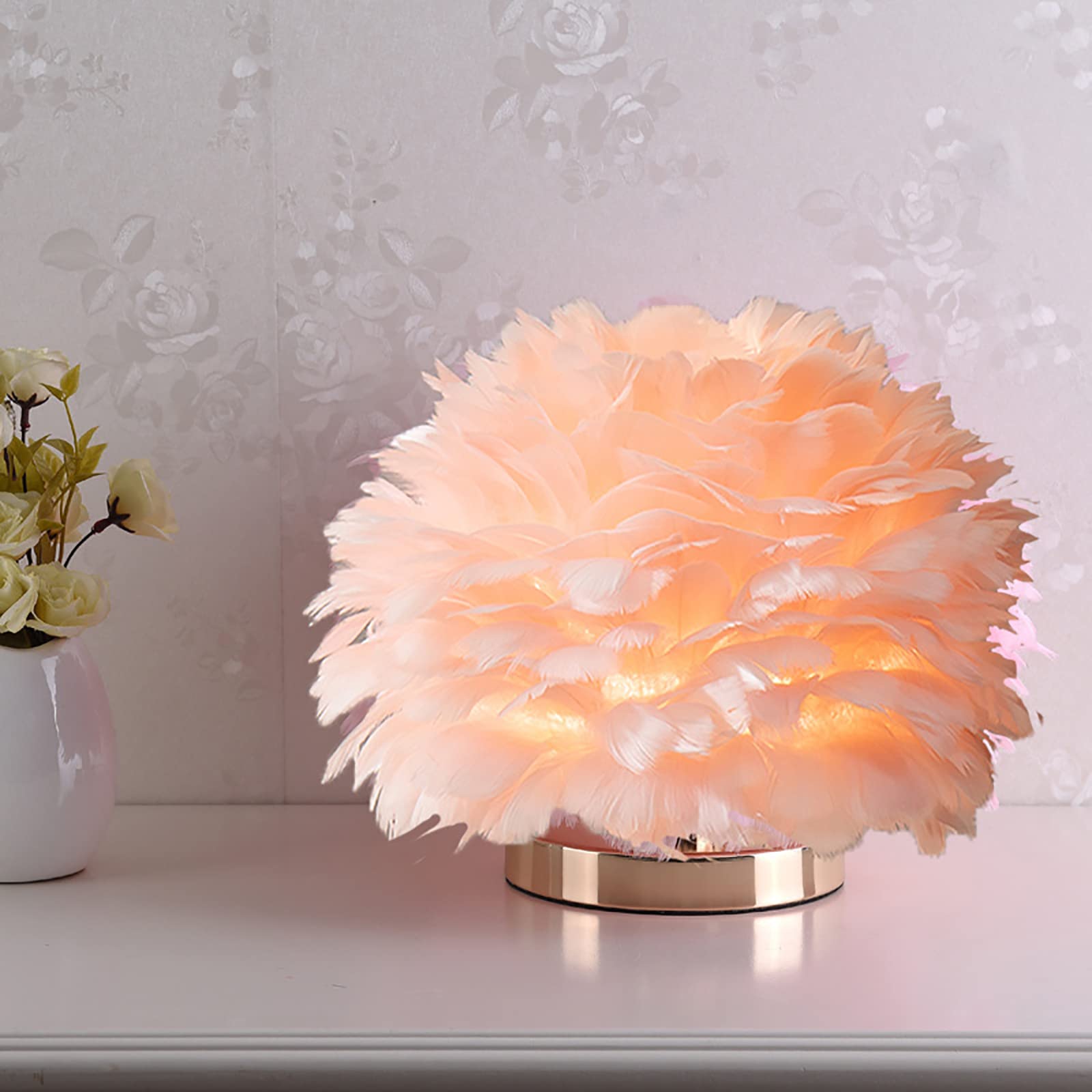 Romantic Pink Feather Table Lamp - 12x9 Inch Modern Ostrich Feather Night Light for Bedroom, Girls Room & Vanity | Plug-in Decorative Atmosphere Lighting for Relaxation, Reading & Cozy Home Decor