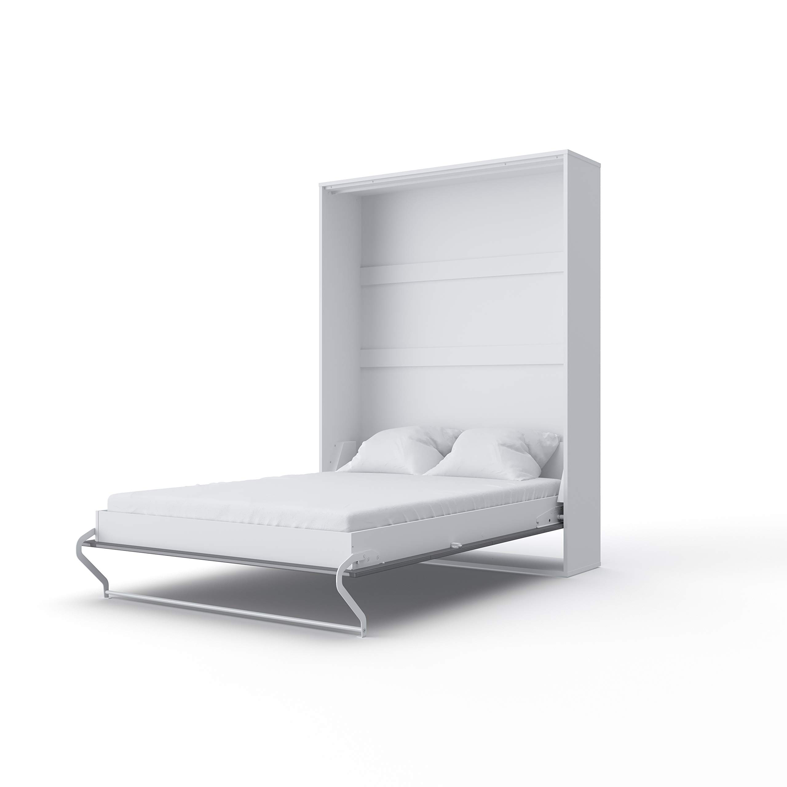 Contempo Vertical Wall Bed - European Queen Size with 2 Storage Cabinets (White/Grey) | Space-Saving Murphy Bed for Small Apartments & Guest Rooms