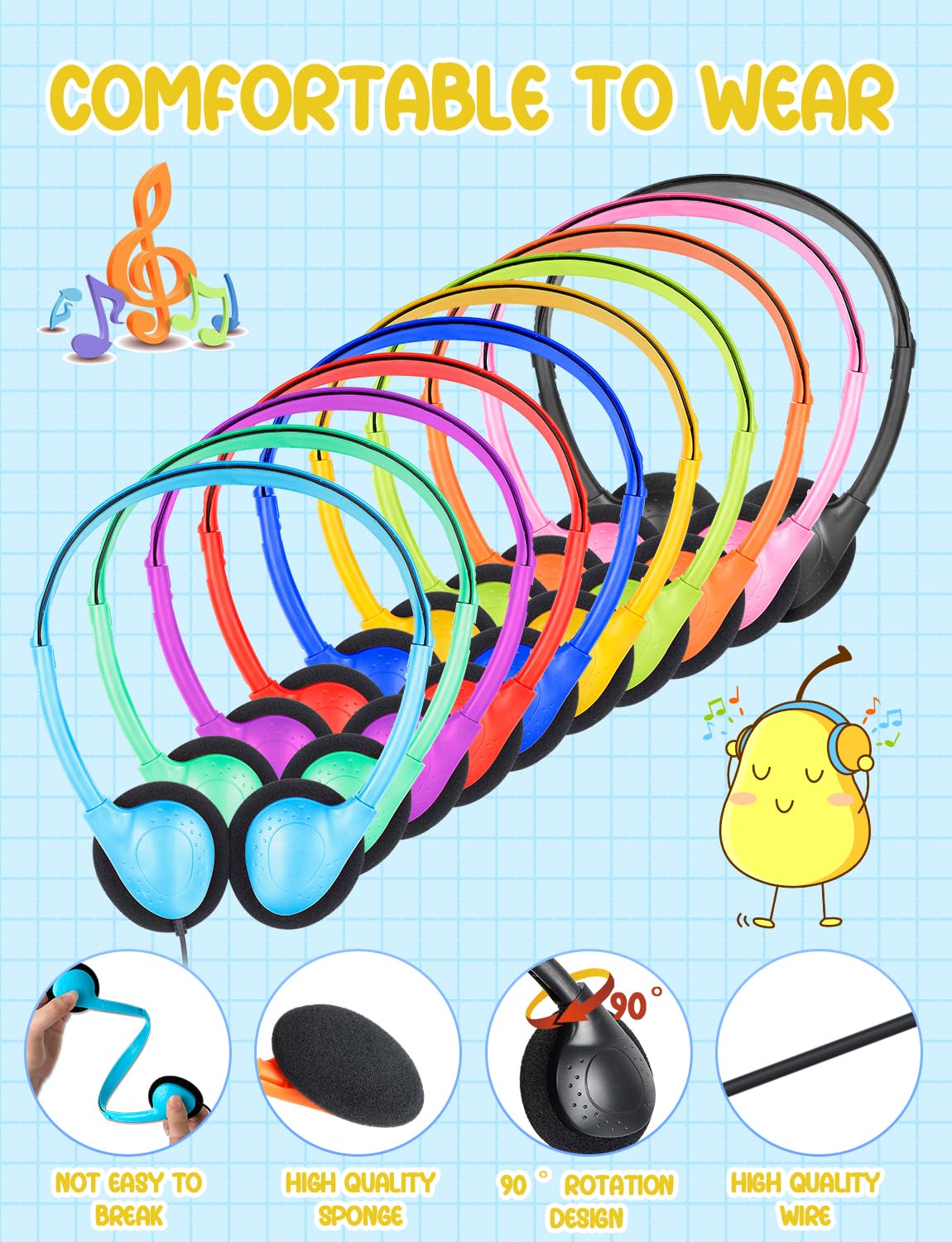 Bulk Classroom Headphones 15-Pack - Durable School Headphones for Students & Kids with 3.5mm Jack - Compatible with Chromebook, Laptop, PC & Computer - Mixed Colors (A) - Perfect for Online Learning, Language Labs & Computer Classes