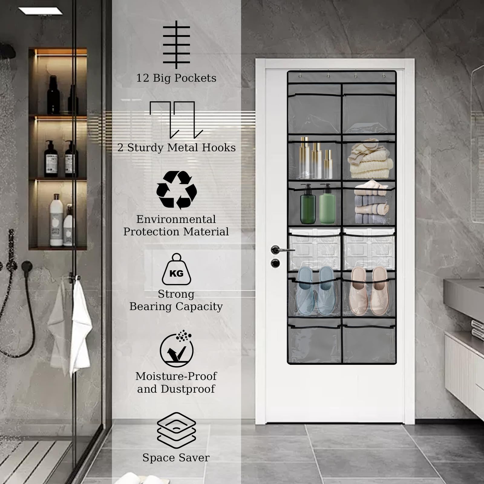 Breathable Mesh Over The Door Shoe Organizer with 12 Pockets - Large Hanging Closet Storage for Men & Women - Perfect for Bedrooms, Closets & Small Spaces - Grey