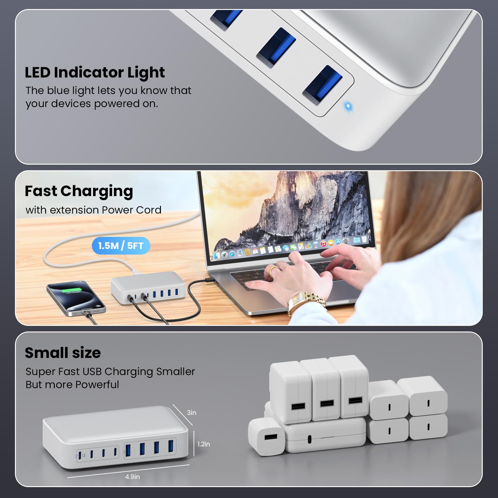 200W USB C Charger Block - GaN III 8-Port Fast Charging Station with PD 65W - Compatible with MacBook Pro/Air, Dell, Steam Deck, iPhone 16/15/14, Galaxy S23/22 - Perfect for Home, Office & Travel Charging Needs