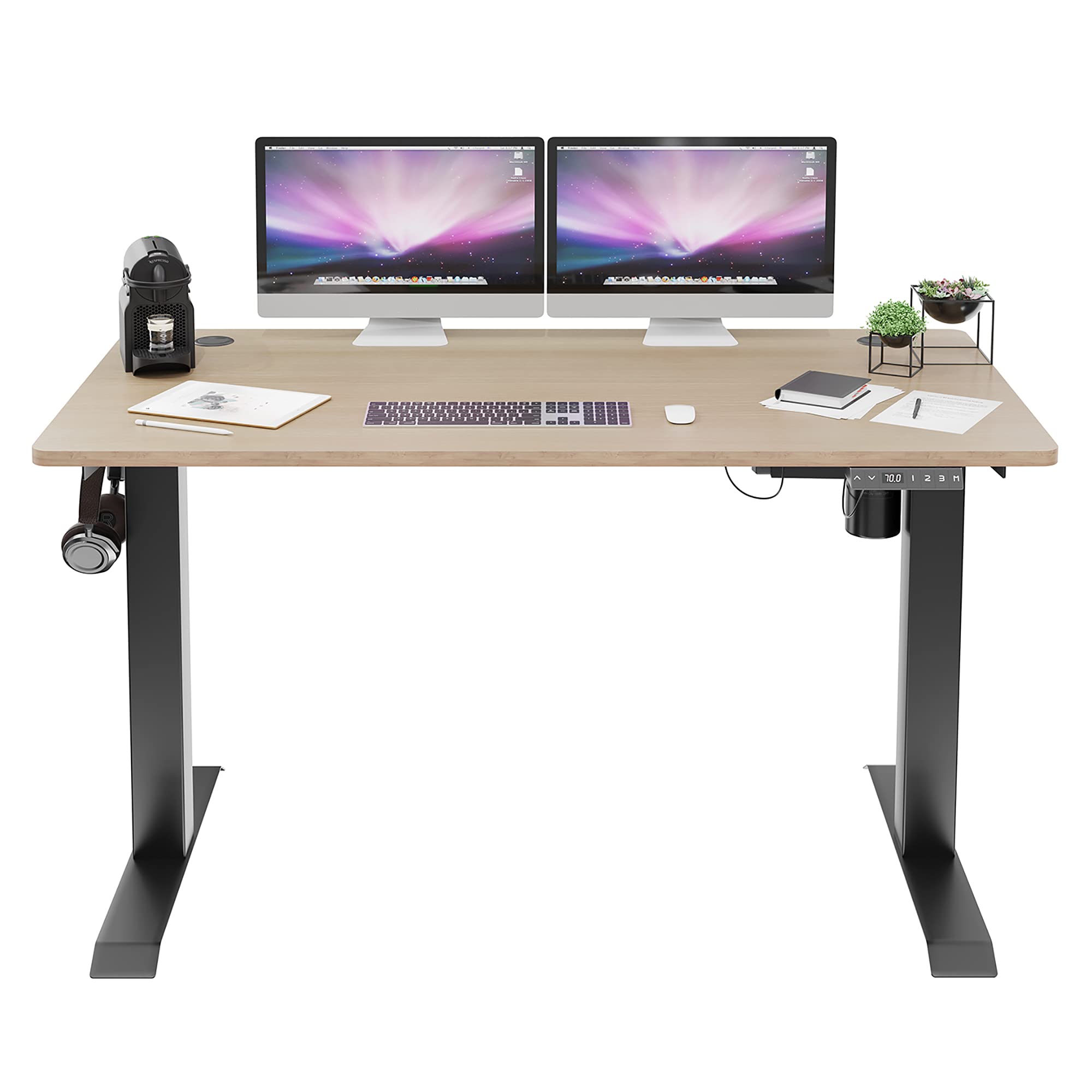 Shintenchi Electric Standing Desk 55 x 24 Inches - Height Adjustable Sit Stand Desk for Home Office, Computer Workstation with Splice Board (Black Frame & Oak Top) | Ergonomic Standing Desk for Work from Home, Gaming & Study