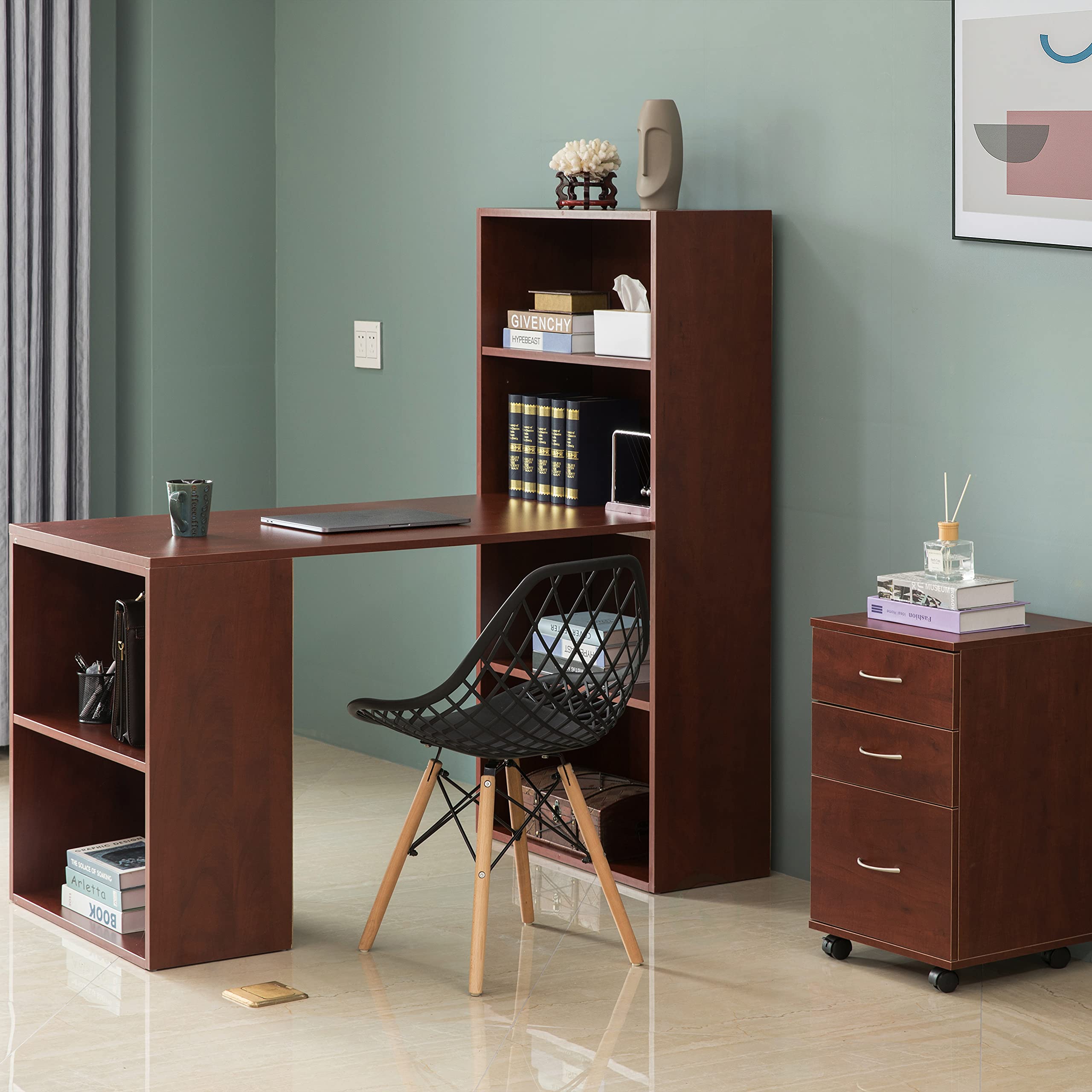 Basicwise Computer Writing Workstation Table with Combo Bookshelf Bookcase - Cherry Large (QI004018.CR.L) | Home Office Desk with Storage Shelf for Study, Work & Gaming