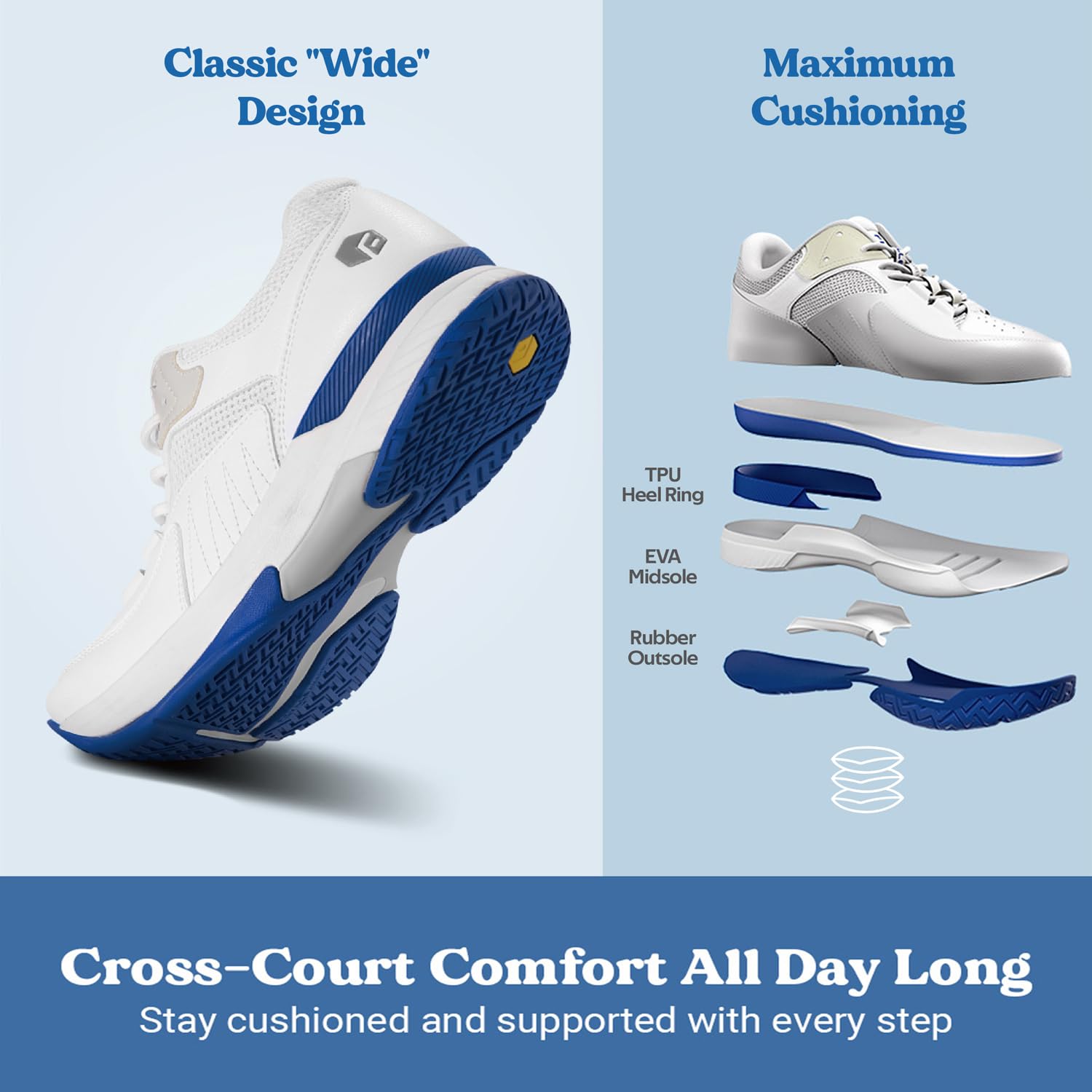FitVille Wide Width Pickleball & Tennis Shoes for Men – Arch Support for Plantar Fasciitis – All Court Comfort for Pickleball, Tennis & Casual Wear