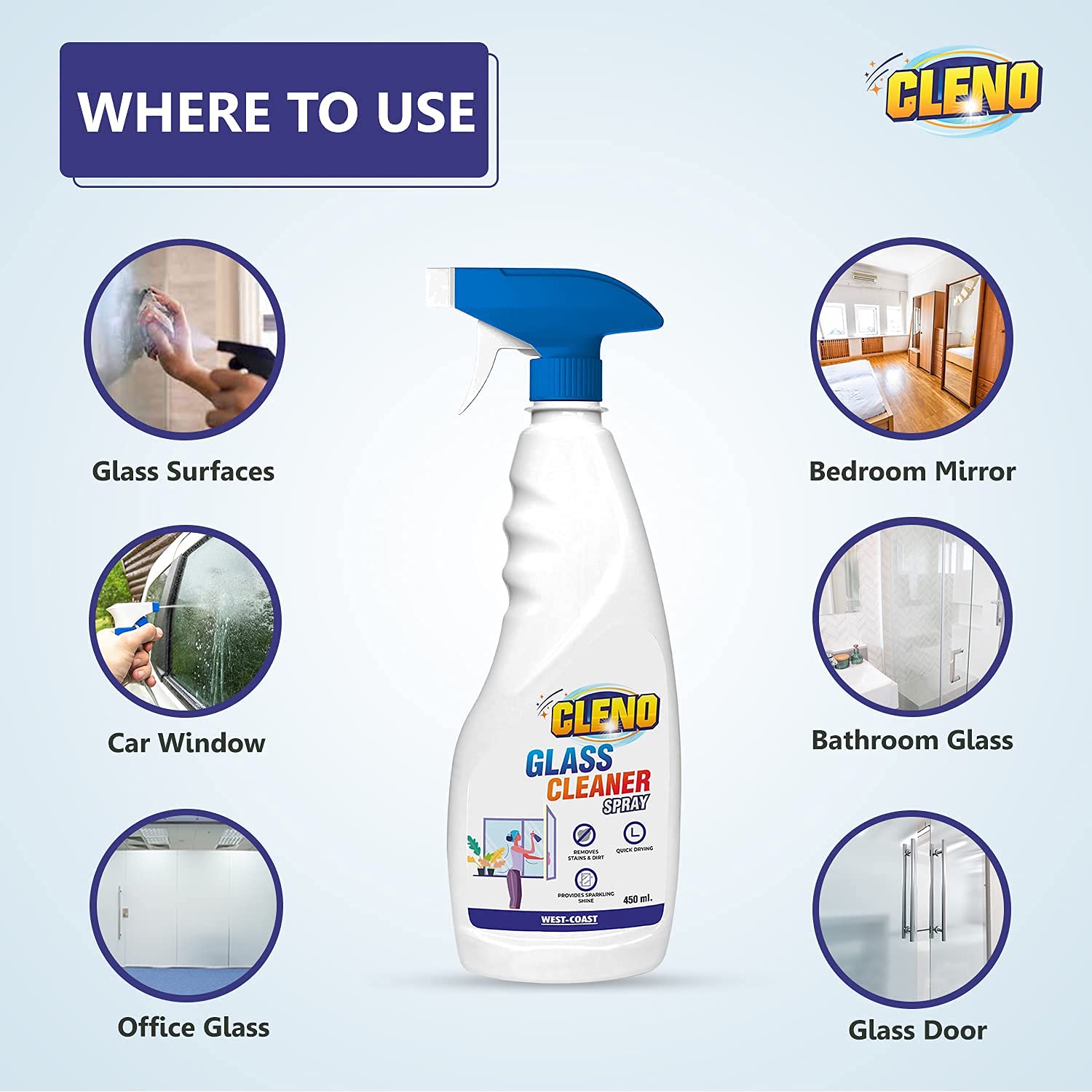 Cleno Glass Cleaner Spray - 450ml Ready to Use for Tabletops, Mirrors, Windows, Fridge, Oven, Kitchen Cabinets & Car Glass | Streak-Free Shine for Home, Office & Automotive Use