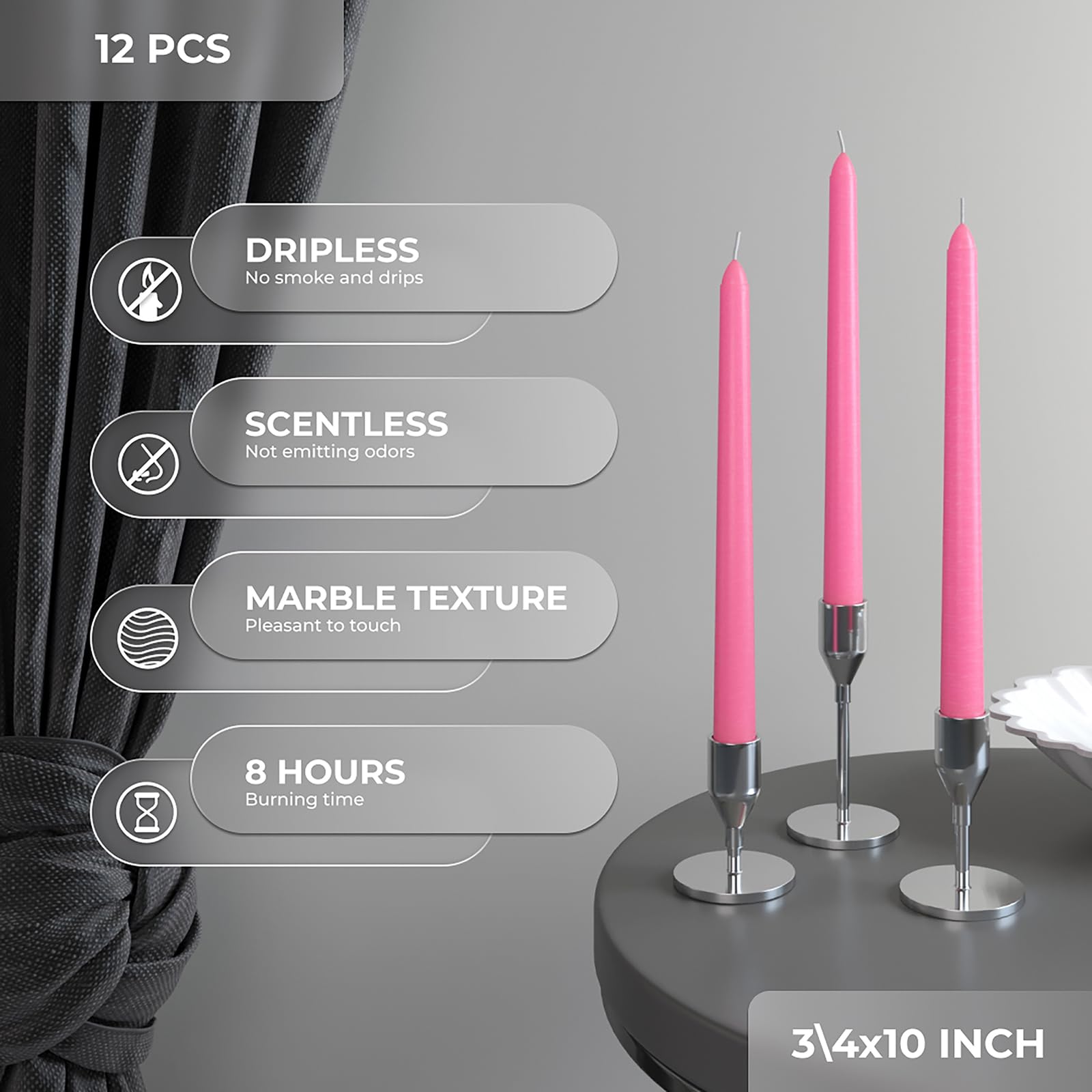 Premium 10 Inch Taper Candles Set of 12 - Dripless Unscented Candlesticks for Elegant Dining & Home Decor - Romantic Pink Dinner Candles for Weddings, Anniversaries & Holiday Centerpieces