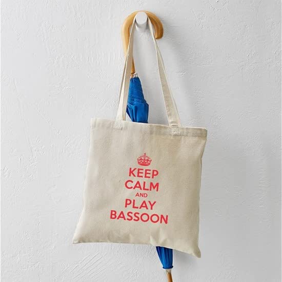 Keep Calm Play Bassoon Tote Bag - Natural Canvas Reusable Shopping Bag for Musicians, Music Lovers & Bassoon Players - Perfect for Groceries, Books & Music Accessories