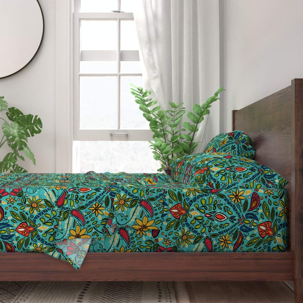 100% Cotton Queen Size 4-Piece Sheet Set | Bohemian Floral Moroccan Print in Turquoise | Soft Breathable Bedding for Summer & Spring | Perfect for Boho, Vintage & Eclectic Home Decor