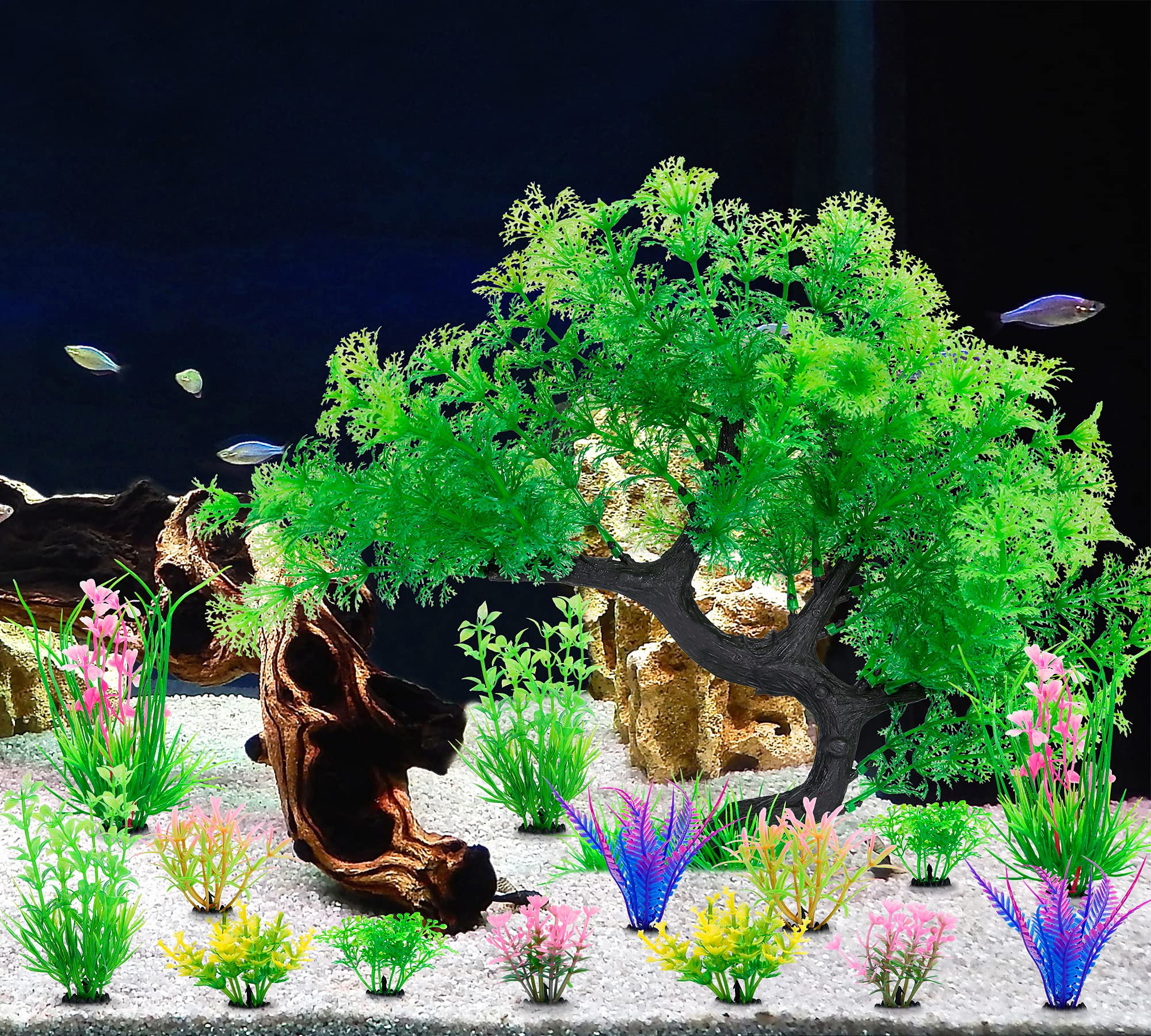 MyLifeUNIT 15 Pack Artificial Aquarium Plants Tree Set - Realistic Fish Tank Decorations for Freshwater & Saltwater Aquariums (Green Set) | Perfect for Betta Fish, Goldfish, Tropical Fish Tanks & Home/Office Decor