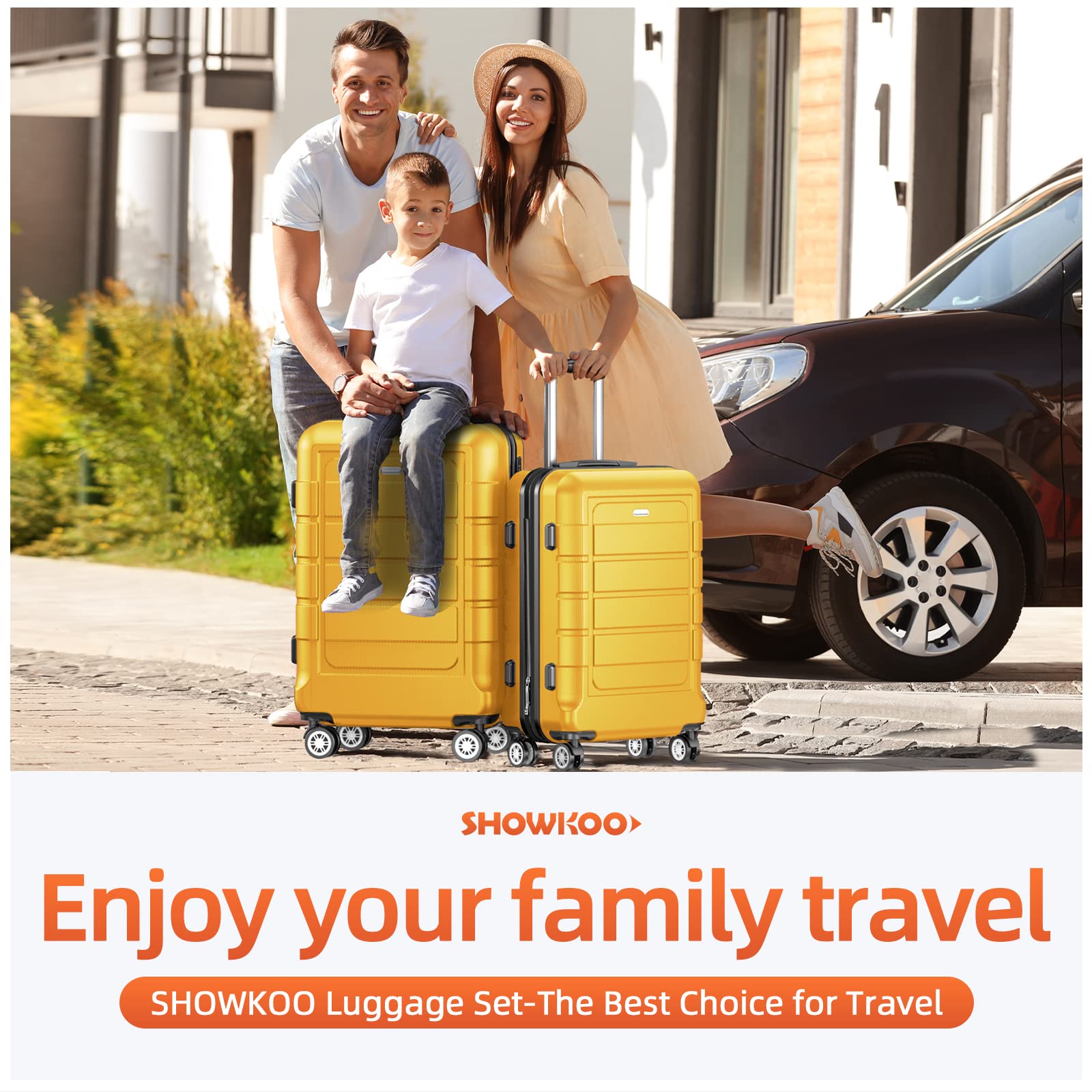 SHOWKOO Expandable 3-Piece Luggage Set - Durable PC+ABS Suitcase with Double Spinner Wheels & TSA Lock (Yellow) - Perfect for International Travel, Family Vacations & Business Trips