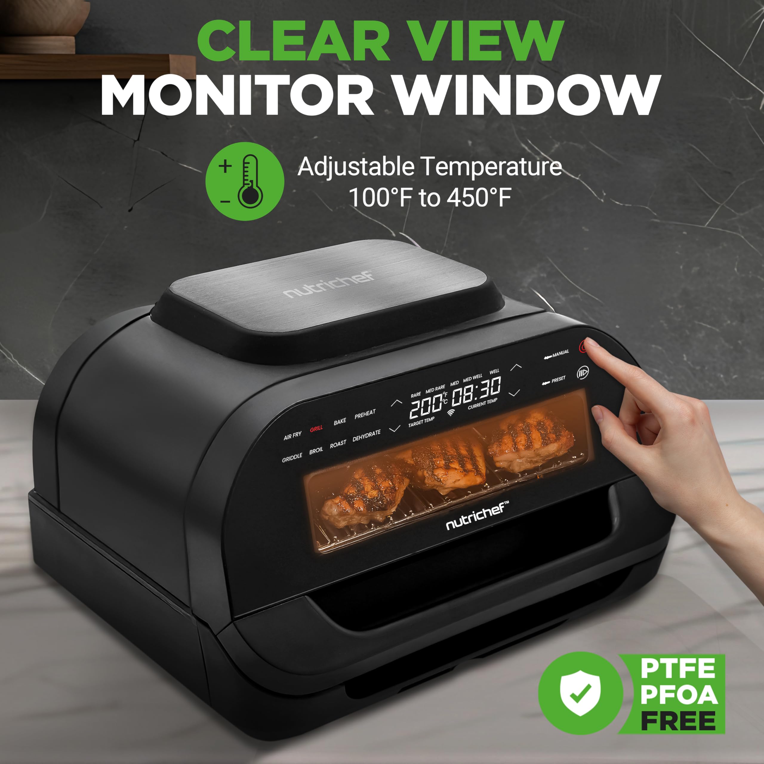 NutriChef Indoor Smokeless Grill & Air Fryer Combo - 7-in-1 Smart Electric Grill with 6L Capacity, Smart Thermometer & Precise Temp Control - Nonstick Removable Plates for Healthy Cooking - Perfect for Apartments, Small Kitchens & Family BBQs