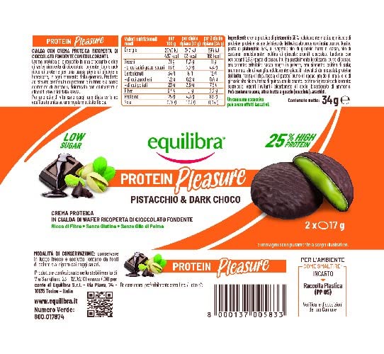 Equilibra Protein Bars - Pistachio & Dark Chocolate, High Protein Wafer with Creamy Filling, Low Sugar, Gluten Free, Palm Oil Free, 24 Pack (34g Each) | Perfect for Post-Workout Recovery, Healthy Snacking & On-the-Go Nutrition