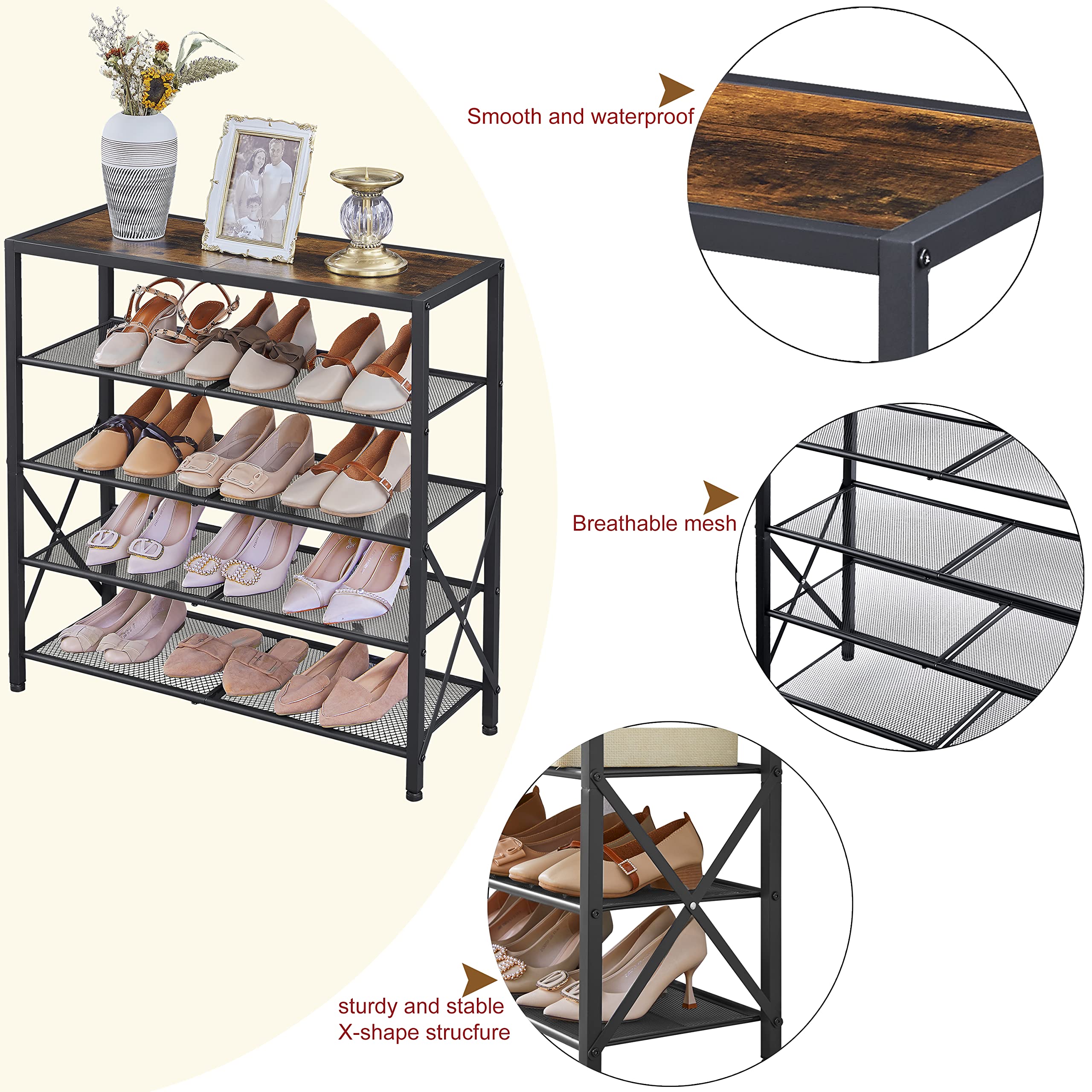 Tajsoon 5-Tier Metal Shoe Rack Organizer - Holds 16-20 Pairs | Industrial Shoe Storage Shelf for Closet, Entryway & Front Door | Sturdy X-Shape Frame in Brown & Black | Perfect for Apartments, Dorm Rooms & Mudroom Organization