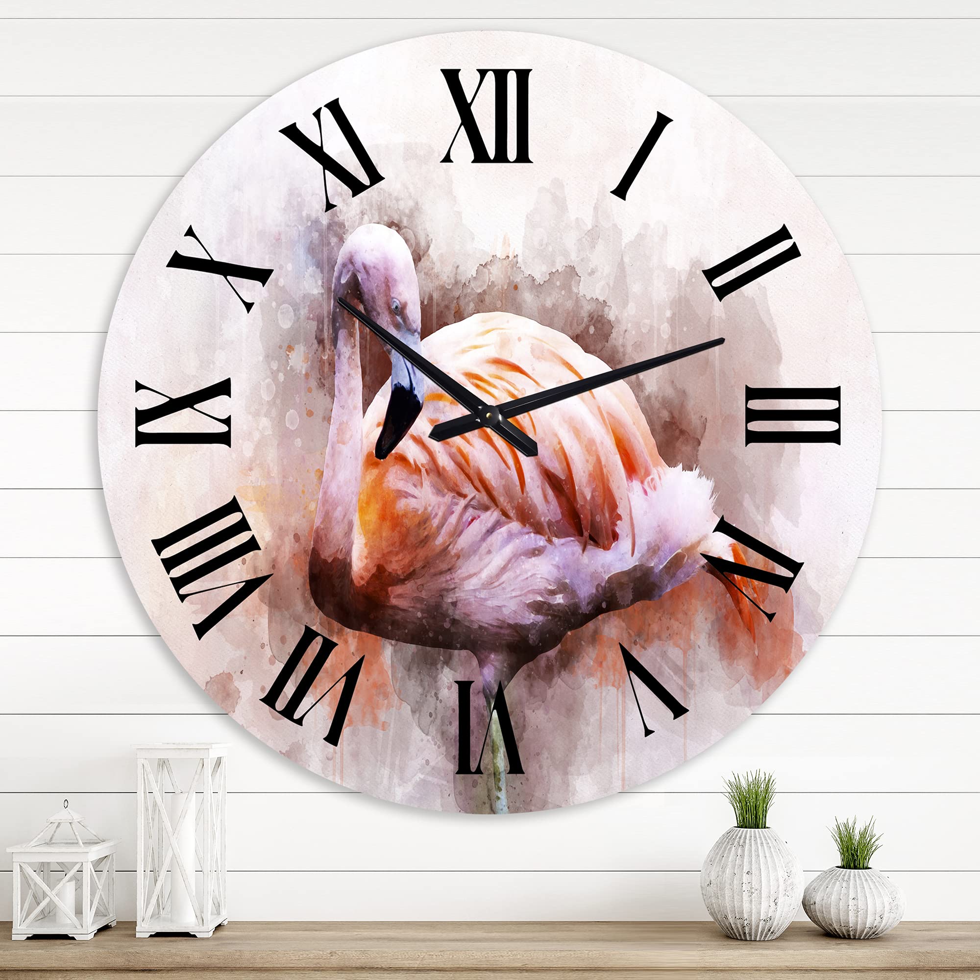 DesignQ Farmhouse Wall Clock - Large Pink Flamingo Portrait Wall Decor for Living Room, Bedroom & Office | Rustic Home Decor Gift Idea