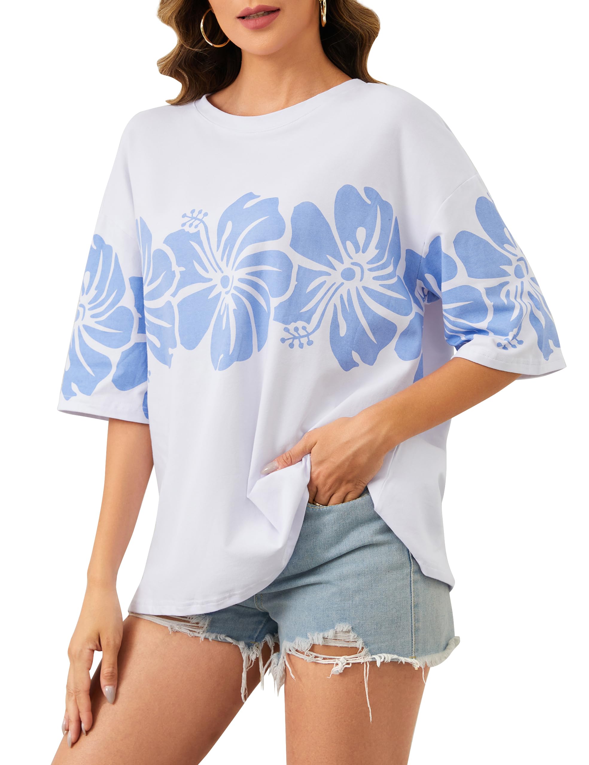 Oversized Hibiscus Floral Graphic T-Shirt for Women - Soft Cotton Crewneck Tee with Hawaiian Flower Design | Perfect for Casual Wear, Beach Outfits & Summer Fashion