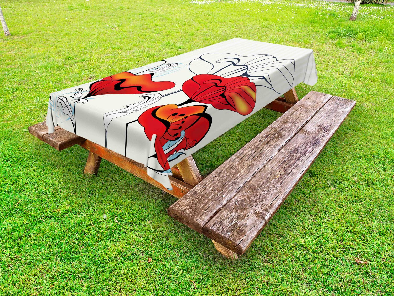 Ambesonne Vintage Floral Tablecloth - Red Poppy Flower with Curly Leaves Design, Washable Picnic Table Cover 58x84 Inches, Perfect for Outdoor Dining, Garden Parties & Picnics (Red/Pale Blue/Beige)