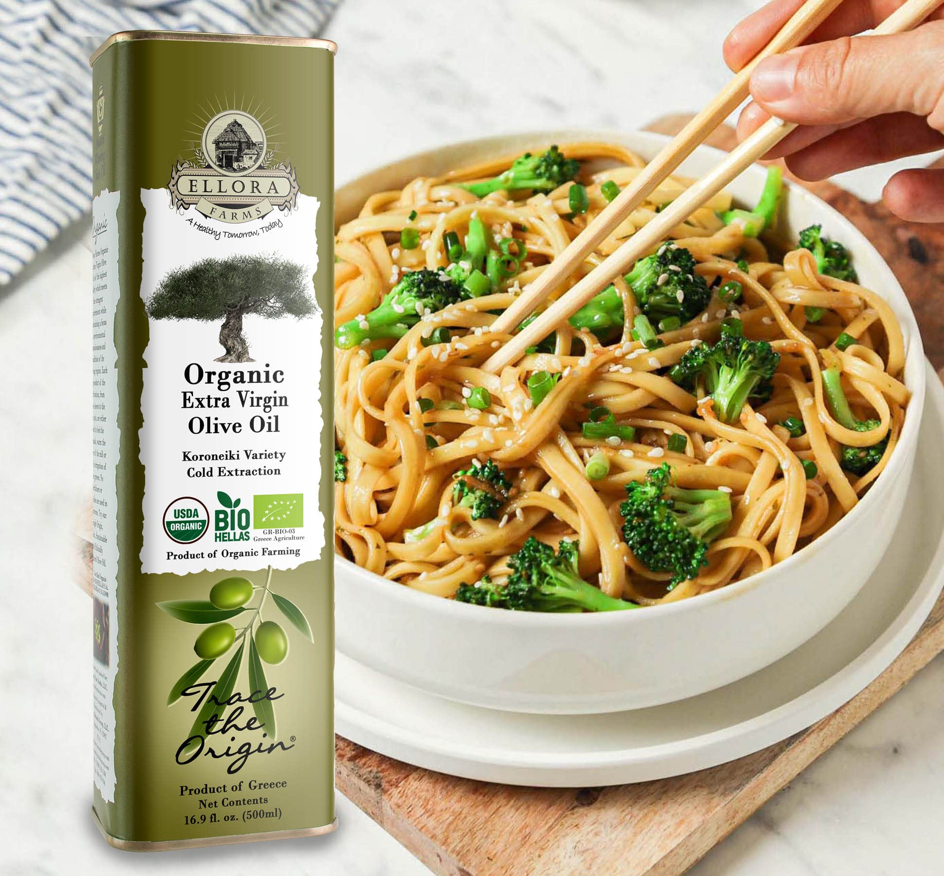 Ellora Farms USDA Organic Extra Virgin Olive Oil - 2024 Harvest, Gold Award Winner, Unfiltered & High Oleocanthal, Kosher Certified (17 oz Tin, Pack of 4) - Perfect for Salad Dressings, Cooking & Gourmet Recipes