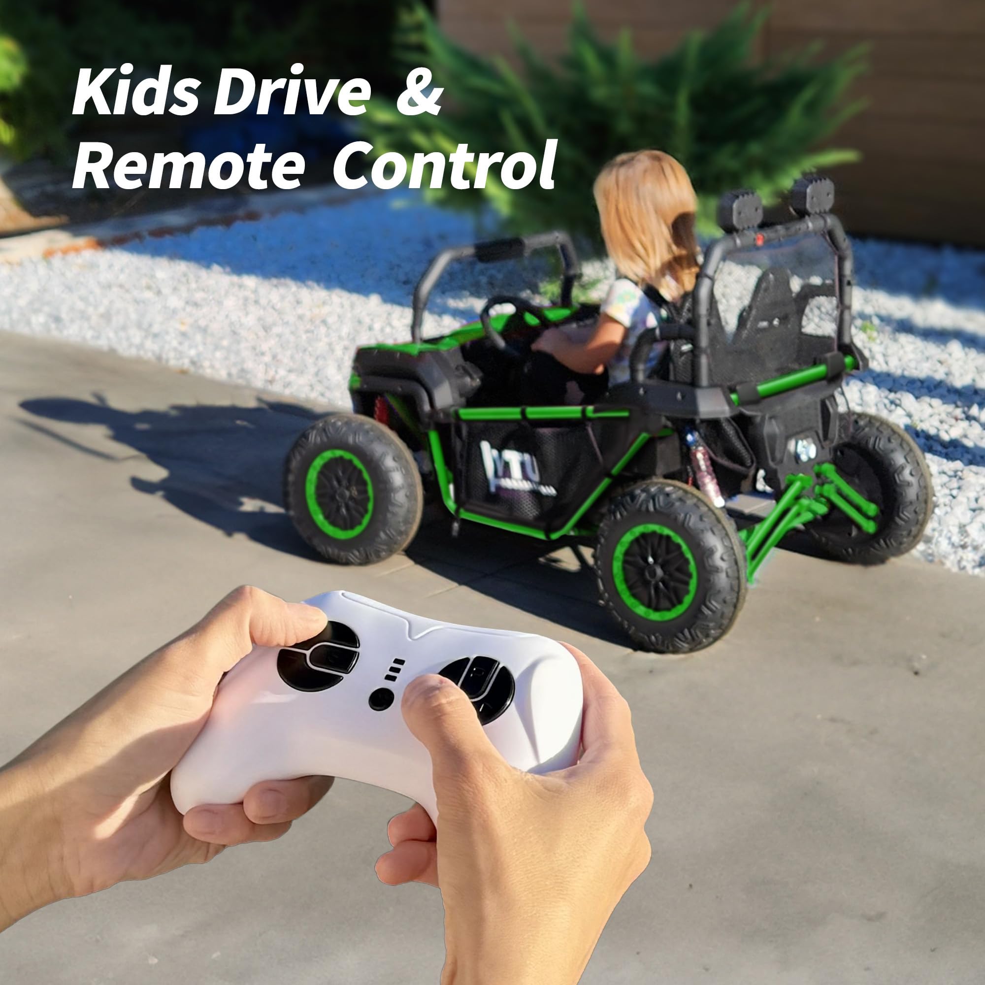 12V 4WD Kids Ride-On Car with Remote Control & Bluetooth - 2 Seater UTV Toy for Children Ages 3-8, Includes Storage - Green | Perfect for Outdoor Play, Birthday Gifts & Backyard Adventures