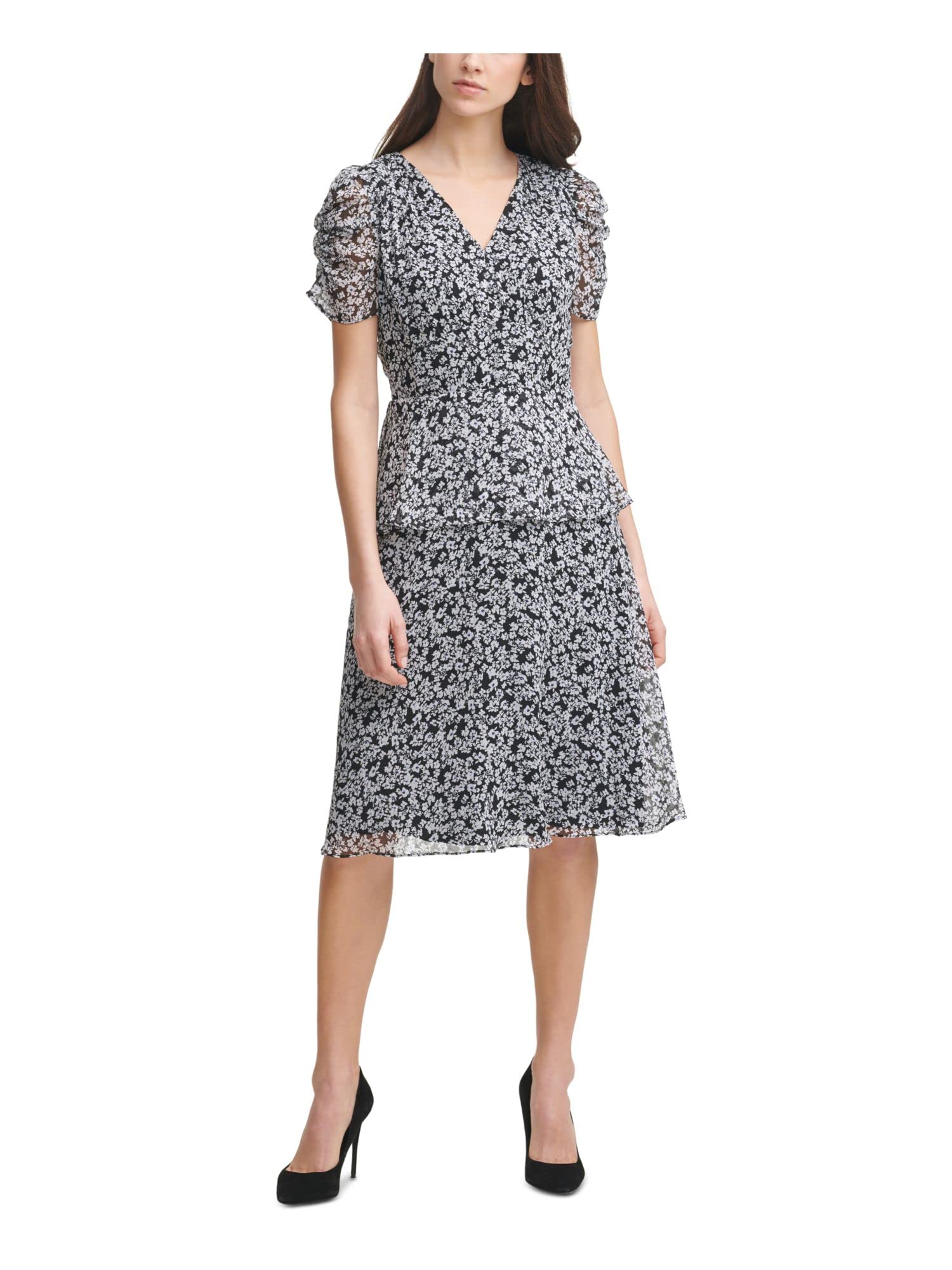 Karl Lagerfeld Paris Women's Tiered Printed Chiffon Dress - Elegant Flowy Midi Dress for Party, Wedding & Special Occasions