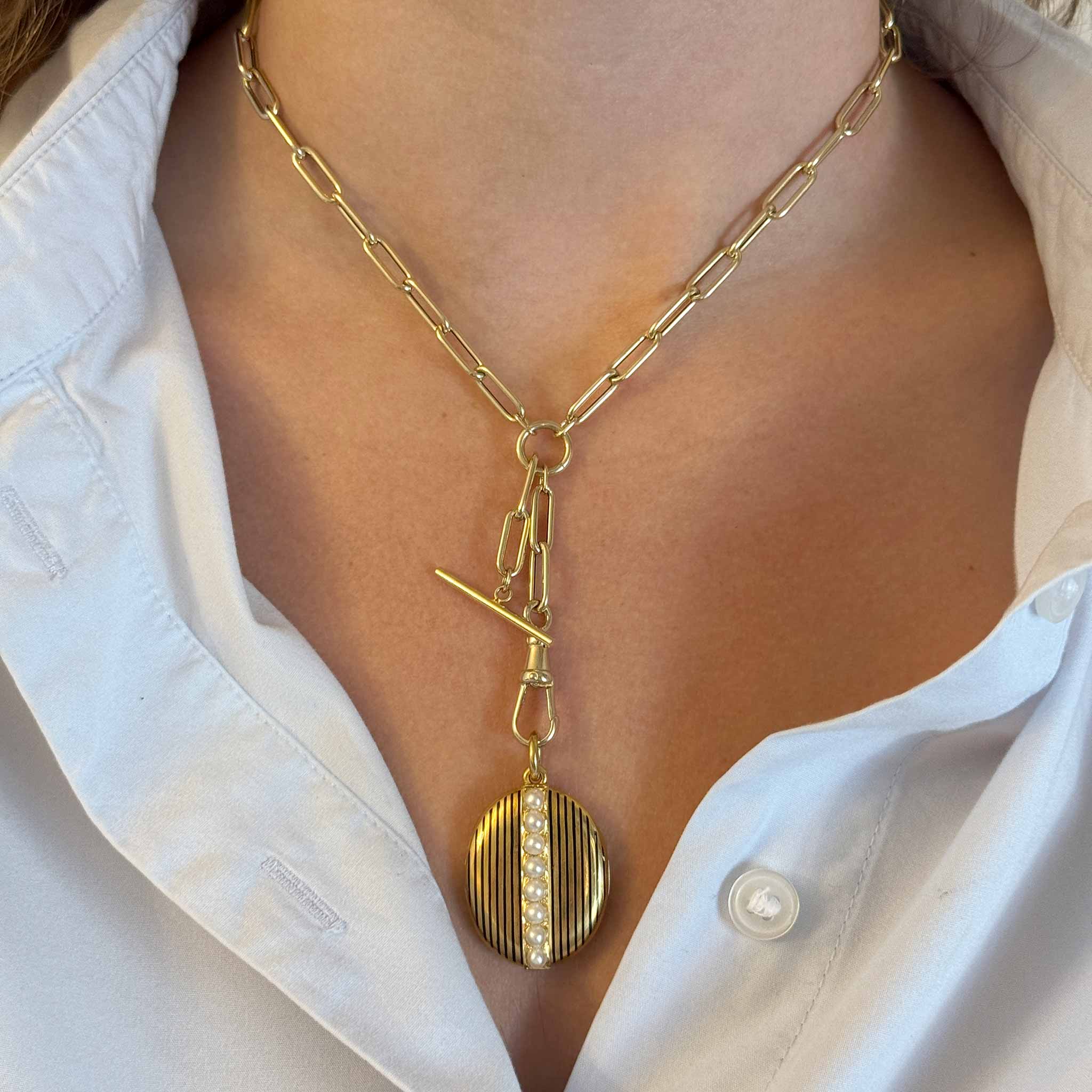 Victorian Style 18K Gold Oval Locket Pendant with Pearl and Enamel Stripes - Elegant Antique Jewelry for Women, Perfect for Weddings, Anniversaries & Special Occasions