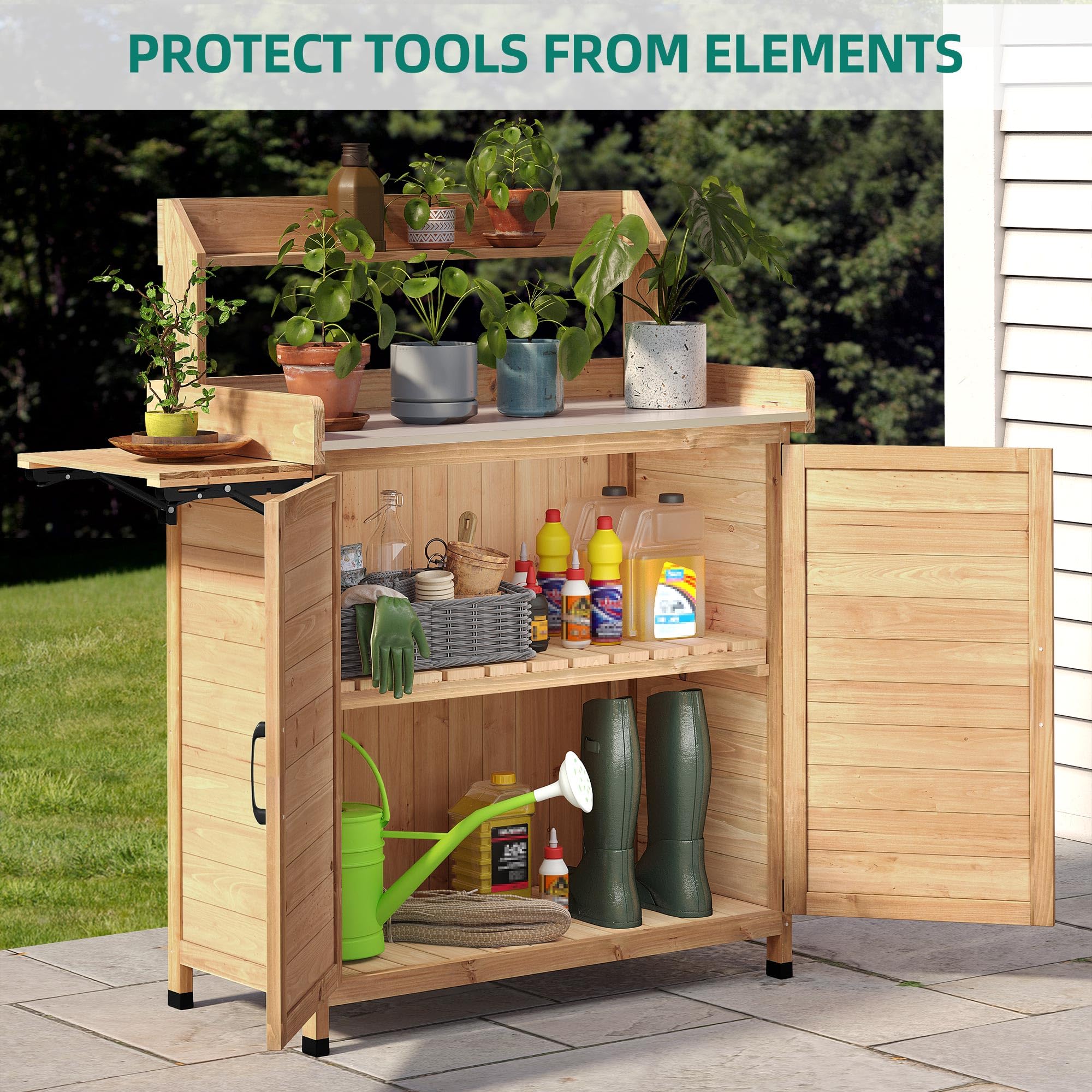 YITAHOME Solid Wood Potting Bench with Folding Shelf & Metal Tabletop - Outdoor Garden Workstation with Storage Cabinet for Planting, Gardening, Backyard Use - Perfect for Organizing Tools, Repotting Plants, and Outdoor Projects