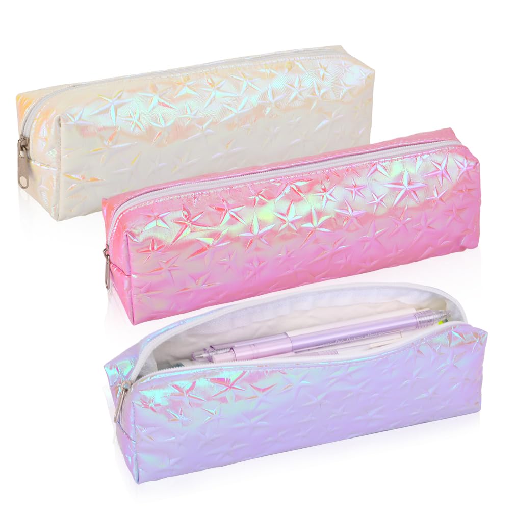 iSuperb 3 Pack Colorful Laser Pencil Case - Zippered Pen Pouch for School, Office & Travel - Multi-Purpose Cosmetic & Makeup Bag Organizer (3pcs) - Perfect for Students, Artists & Professionals