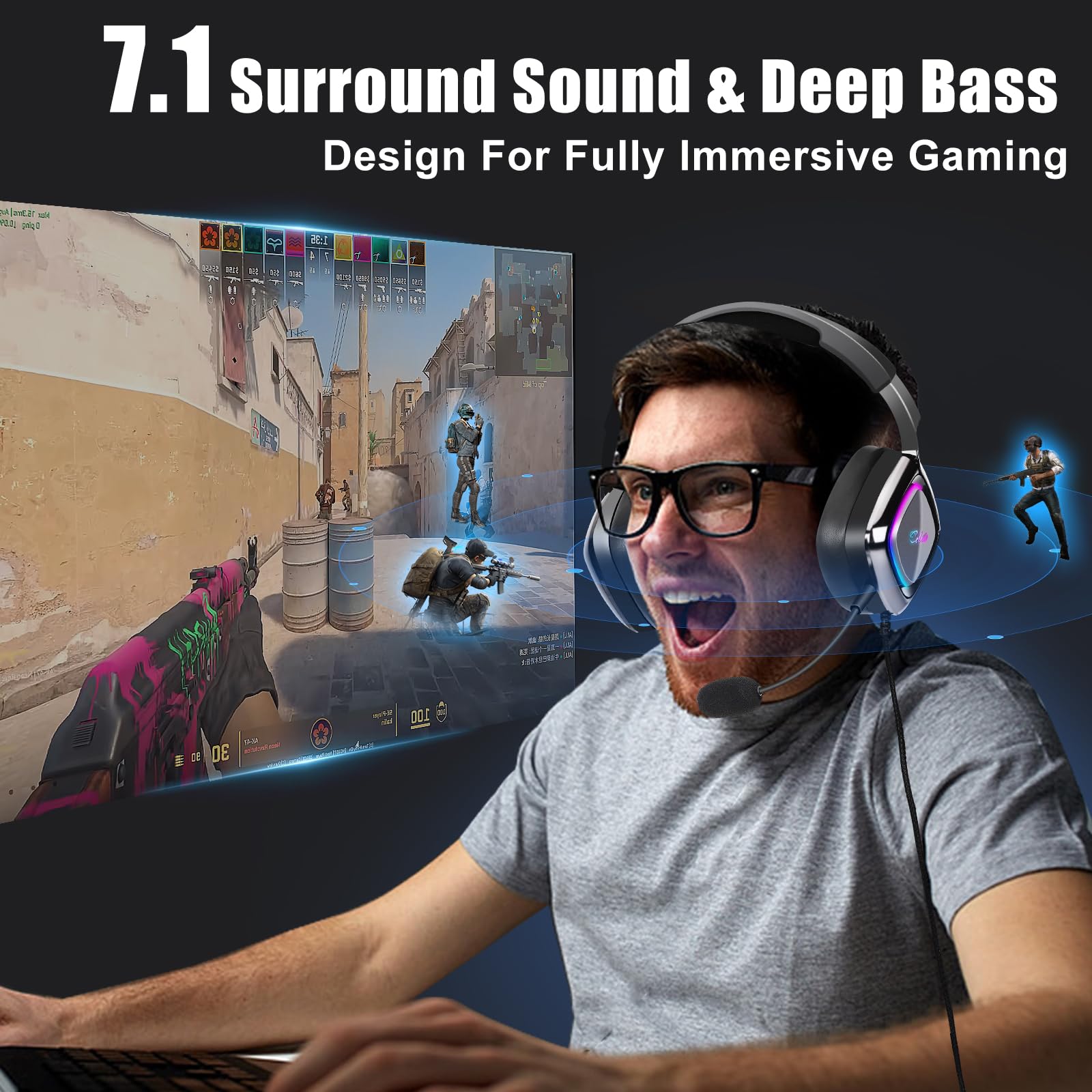 QOA Kinera Gaming Headset with Microphone - 7.1 Surround Sound Wired Over-Ear Headphones for PC, Xbox, PS4, PS5, Switch - Soft Ear Pads & Cool LED Lights - Perfect for Competitive Gaming & Streaming