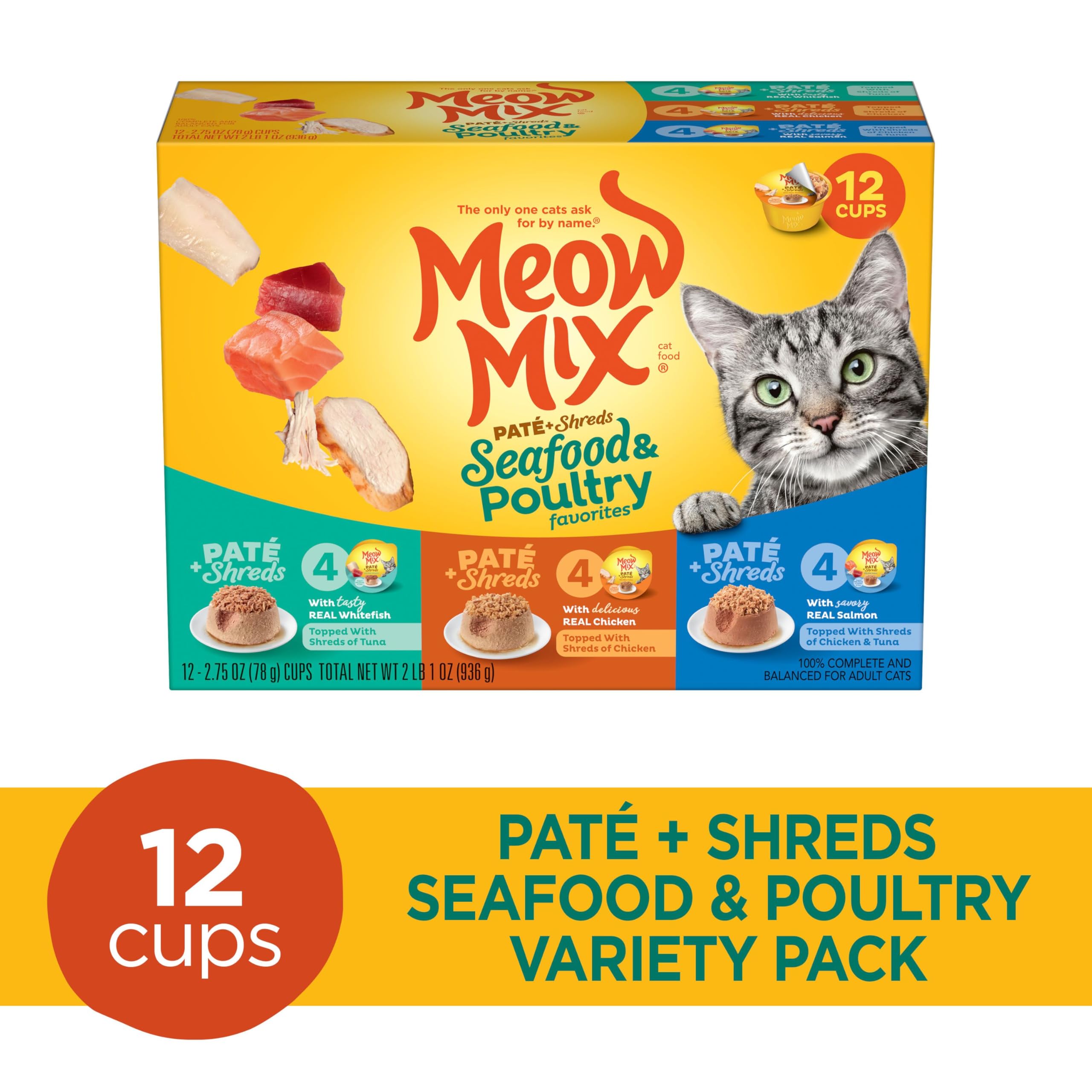 Meow Mix Paté & Shreds Wet Cat Food Variety Pack - 12 Seafood & Poultry Flavored 2.75oz Cups | Grain-Free Wet Cat Food for Adult Cats | Perfect for Picky Eaters, Travel & Mealtime Variety