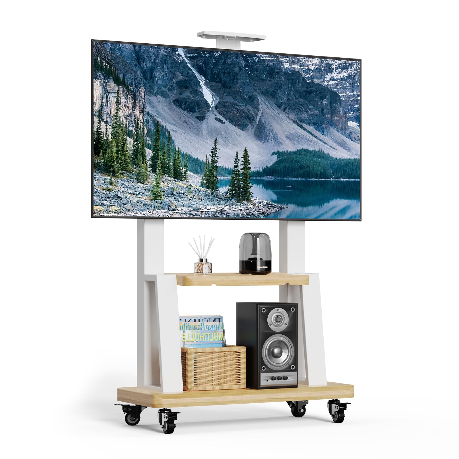 Rolling TV Stand for 32-75 Inch Flat/Curved LED/LCD/OLED TVs - Heavy-Duty Mobile TV Cart with Wheels, Adjustable Height & Shelf, Supports up to 180lbs (Max VESA 600x400mm, White) - Perfect for Living Rooms, Bedrooms & Home Theaters