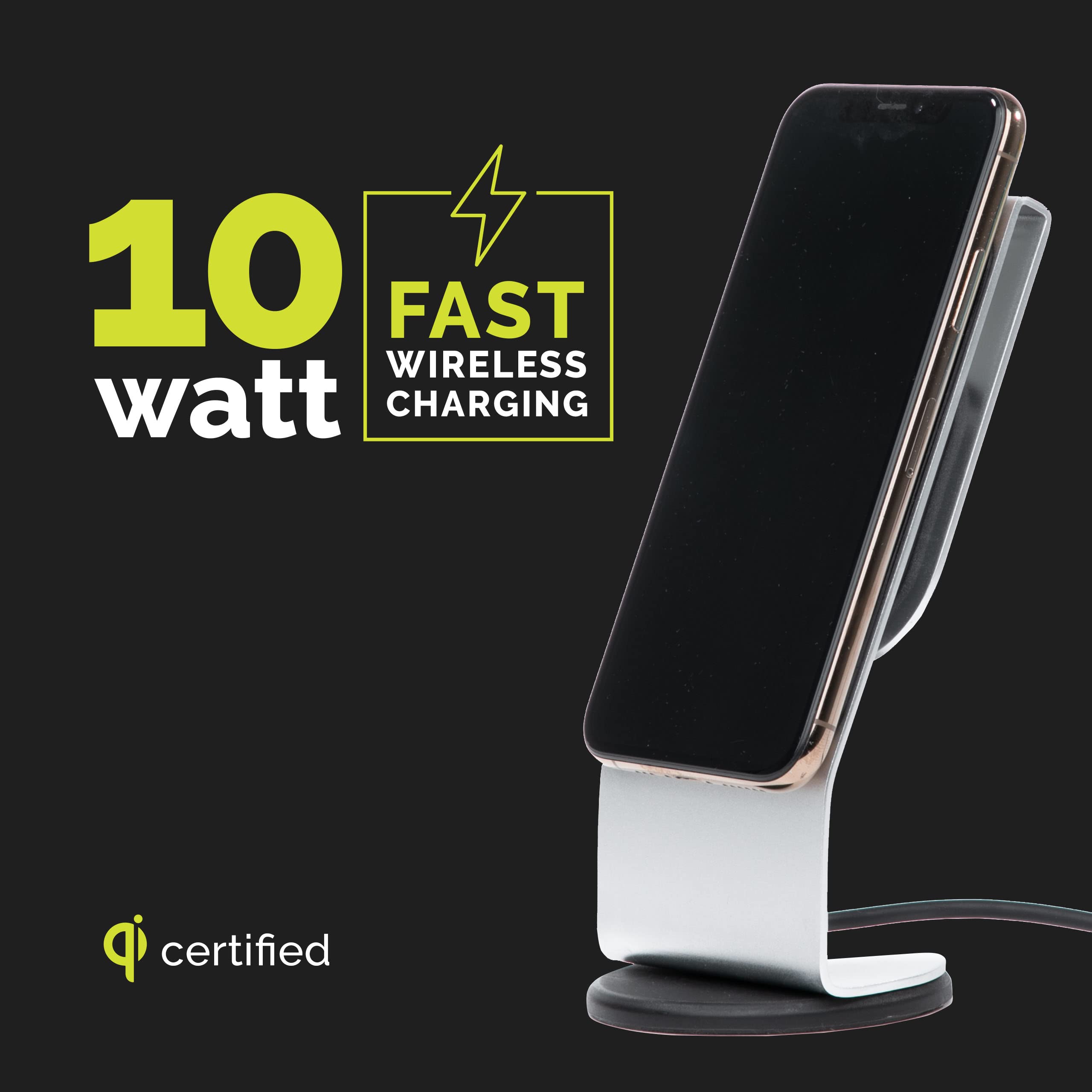 Numi Power Stand Wireless Charger with Swivel Base - Fast Qi Charging Pad for iPhone, Samsung & Qi-Enabled Phones (Silver) | Works with Phone Cases | Perfect for Desk, Nightstand & Office Use