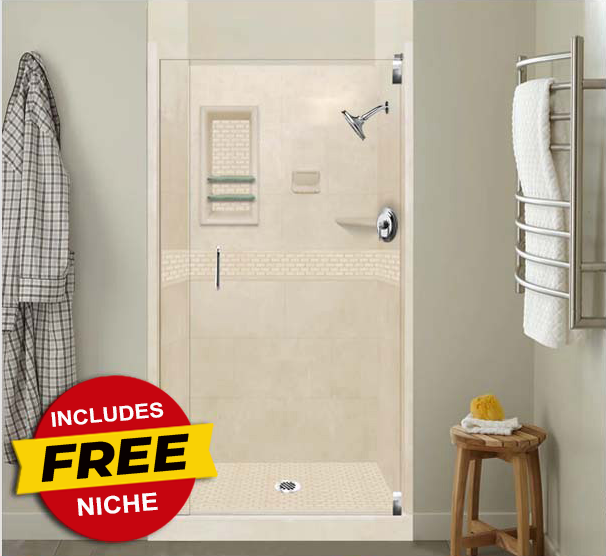 Alcove Desert Sand Sistine Stone & Classic Stone DIY Shower Remodel Kit with Free Shampoo Niche - Waterproof Bathroom Tile Wall Panels for Easy Home Renovation