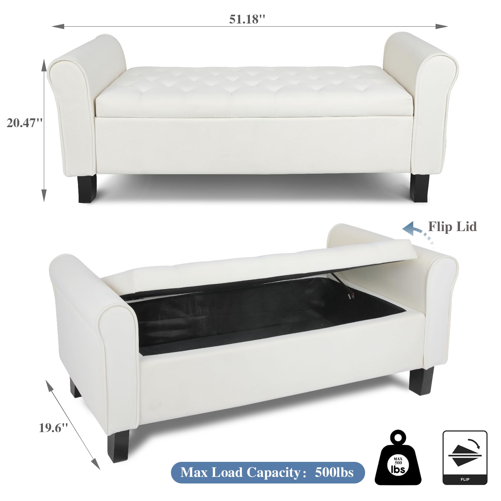 Upholstered Storage Ottoman Bench with Rolled Arms - Bedroom, Living Room & Entryway Furniture - Perfect for Bed End, Hallway Seating & Home Organization