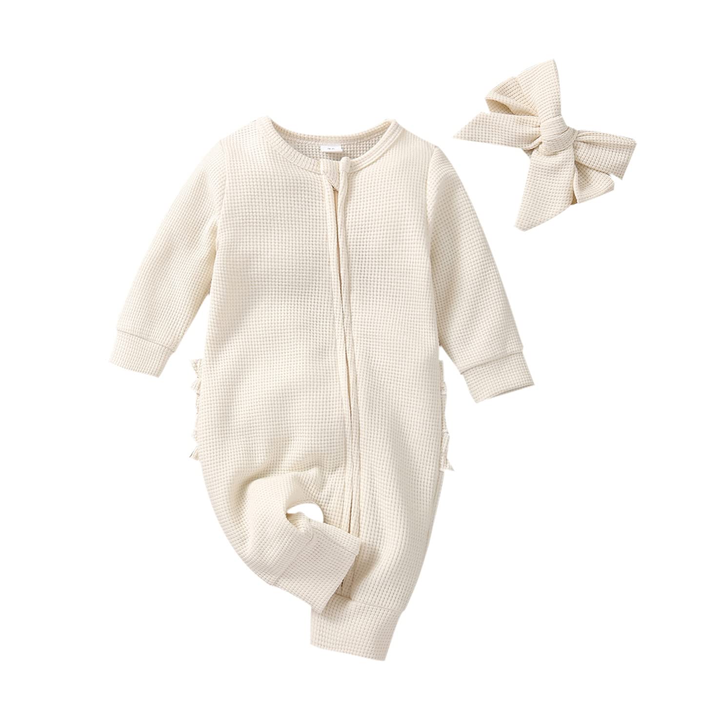 Newborn Baby Girl & Boy Cotton Romper Onesie - Long Sleeve Ruffle Zip-Up Waffle Knit Footless Jumpsuit - Soft & Cute Fall Outfit for Infants - Perfect for Playdates, Photo Shoots & Cozy Home Wear