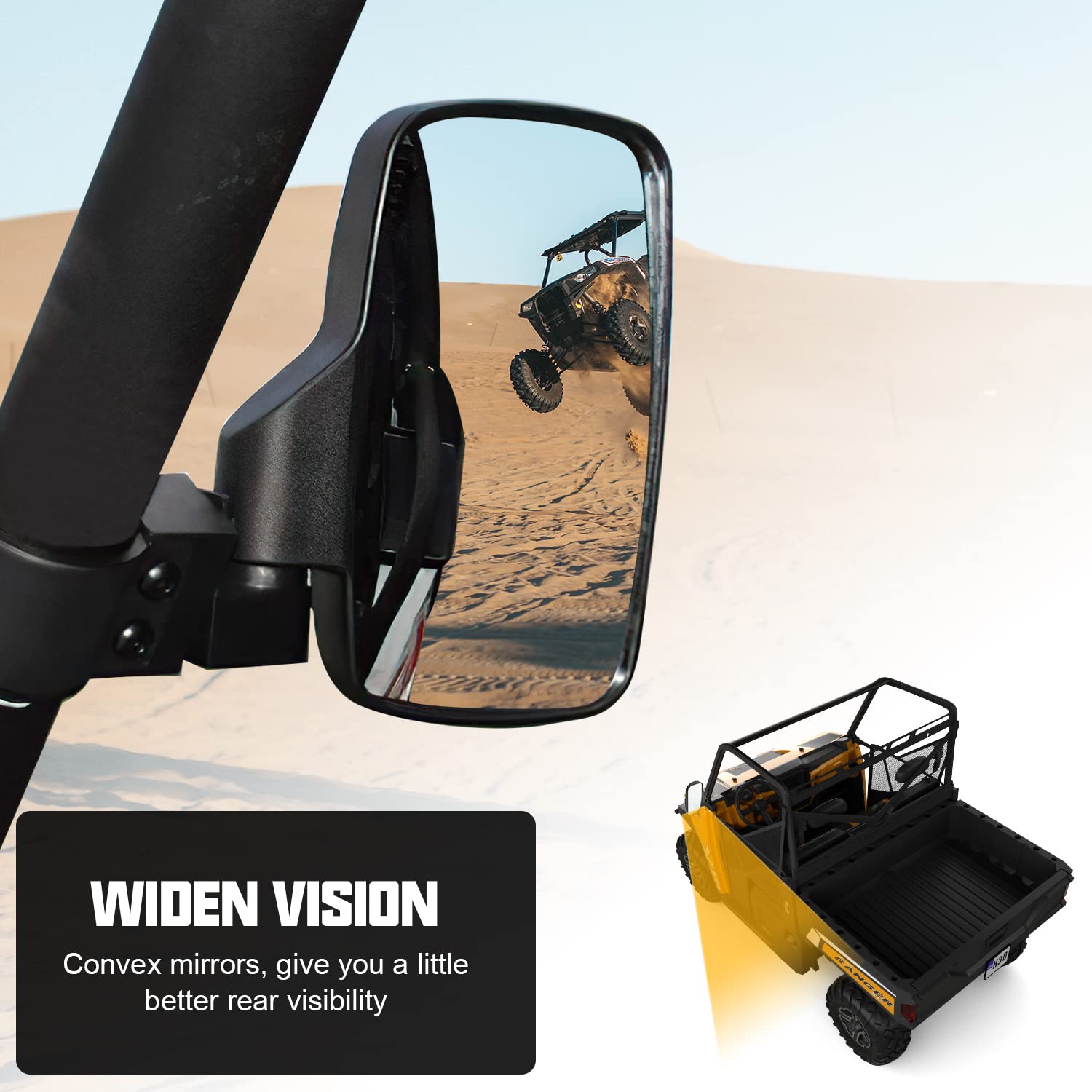 SUNPIE UTV Side View Mirrors - Compatible with Polaris Ranger 500 570 900 (2015-2024), Pro-Fit Cab Lock N Ride & Factory Cage Frame, Fits Round Roll Bar - 2 Pack Set for Enhanced Off-Road Visibility & Safety