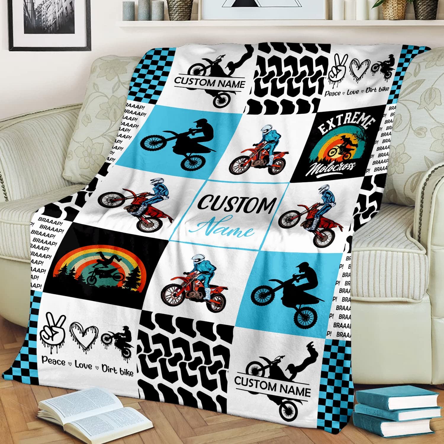 Custom Dirt Bike Motocross Fleece Blanket - Super Soft Plush Throw for Bed, Sofa & Couch - Personalized Motorcycle Rider Gift for Kids & Baby Boys - 60x80 Inch Cozy Blanket - Perfect for Bedroom Decor, Racing Enthusiasts & Motorbike Lovers