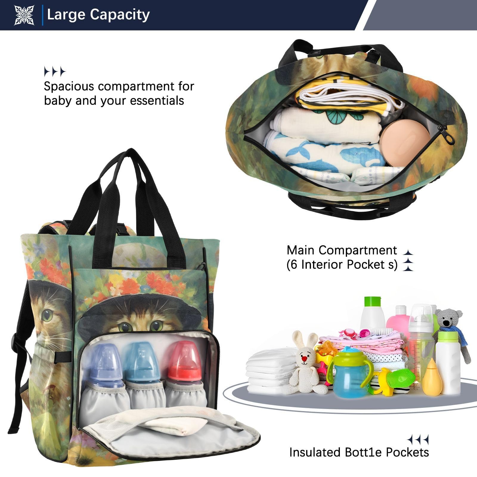 Stylish Cat Print Diaper Backpack with Insulated Bottle Pocket - Large Baby Changing Bag (11.02×5.91×15.3 IN) - Multicolor Travel Backpack for Parents - Perfect for Daycare, Outings & Family Trips