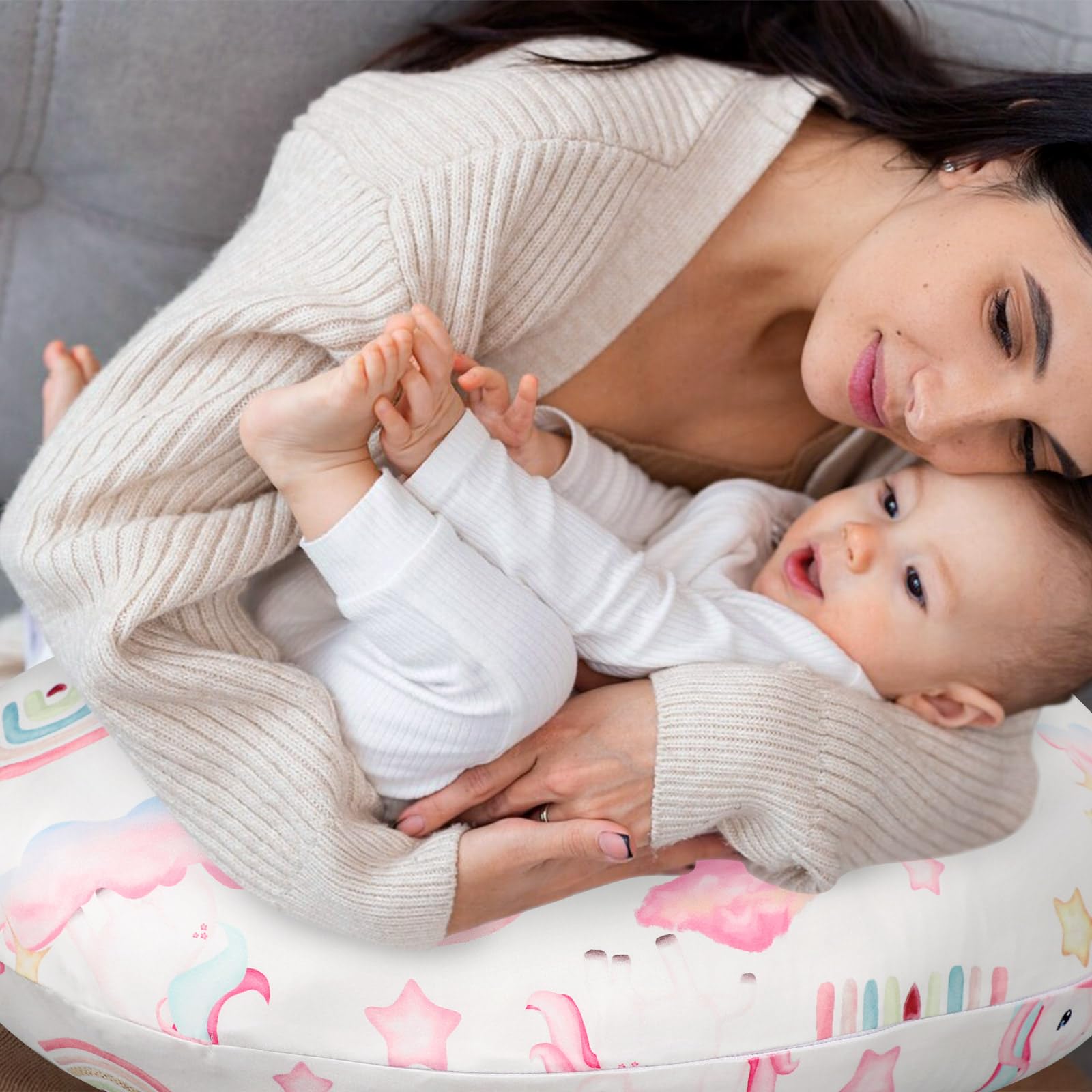 Organic Knit Nursing Pillow Cover - Soft Breathable Breastfeeding Pillow Slipcover for Moms & Newborns - Baby Girl & Boy Feeding Pillow Covers in Rainbow & Unicorn Designs - Perfect for Comfortable Nursing Sessions at Home or On-the-Go